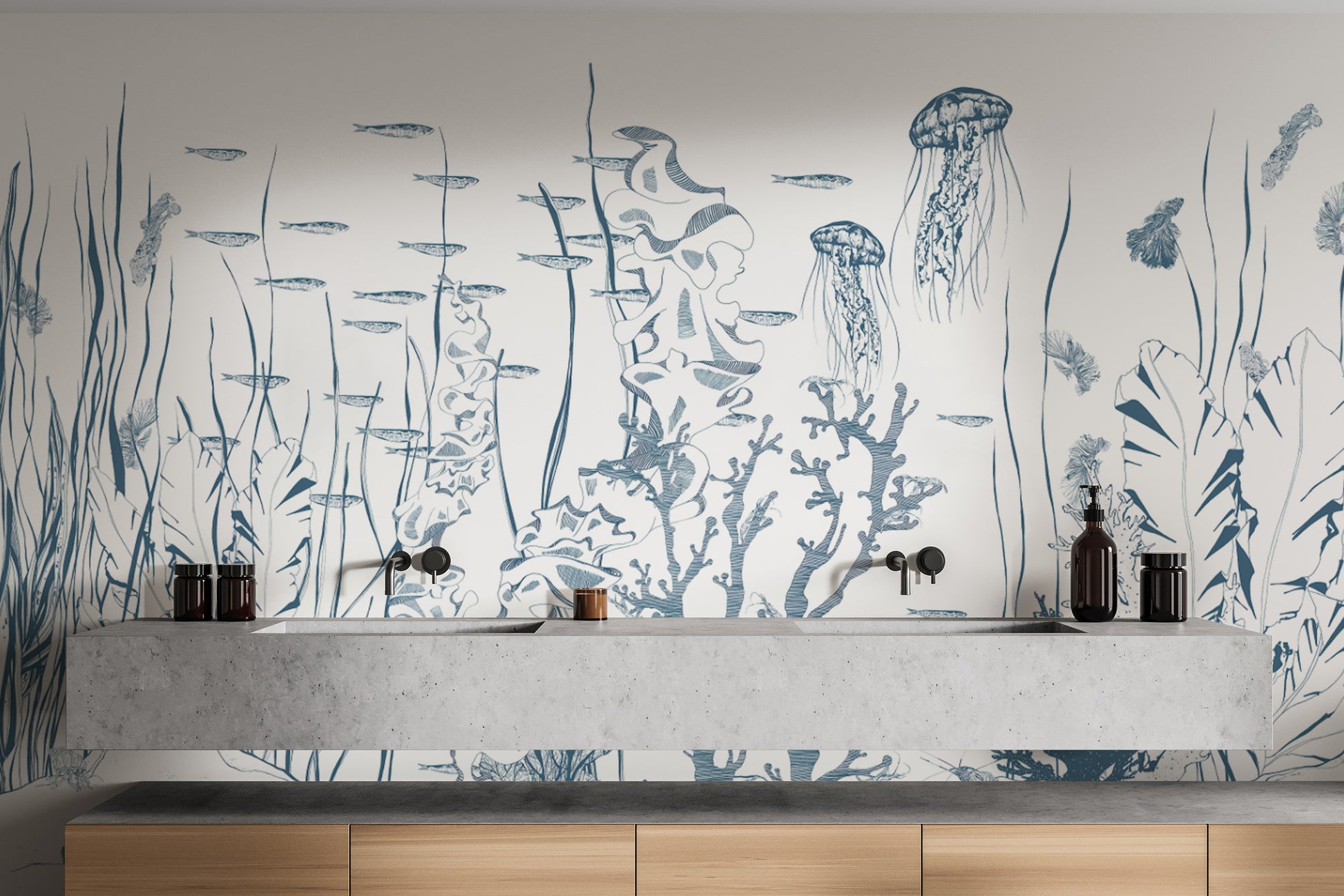 Detailed marine life sketch mural with aquatic plants
