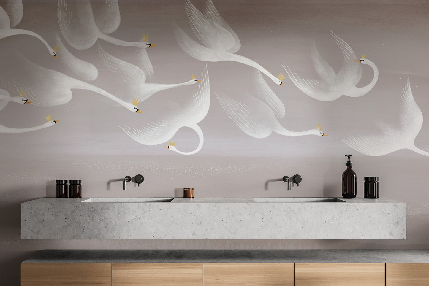 Graceful swans wallpaper mural with minimalist design
