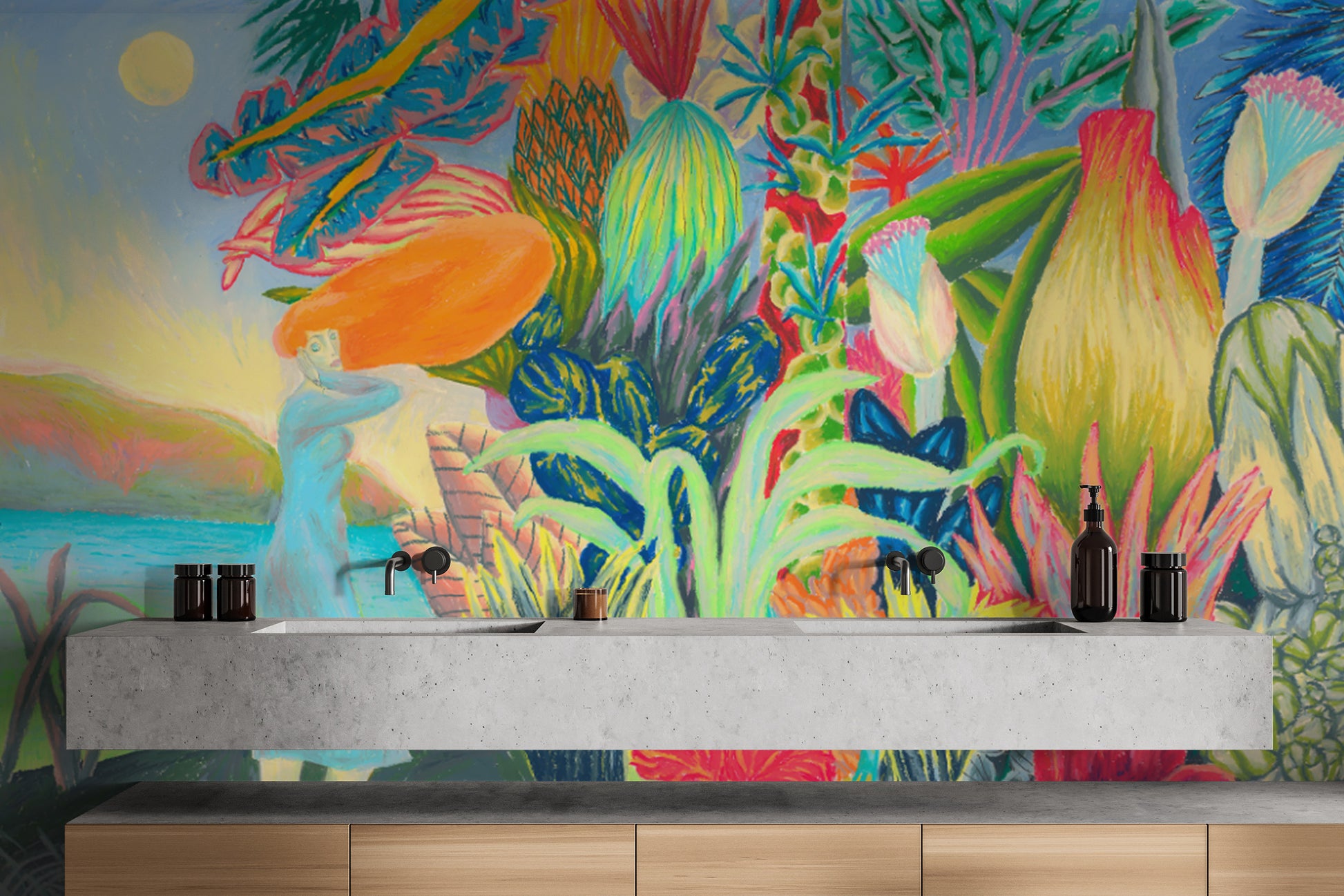 Contemporary art print wallpaper with exotic foliage
