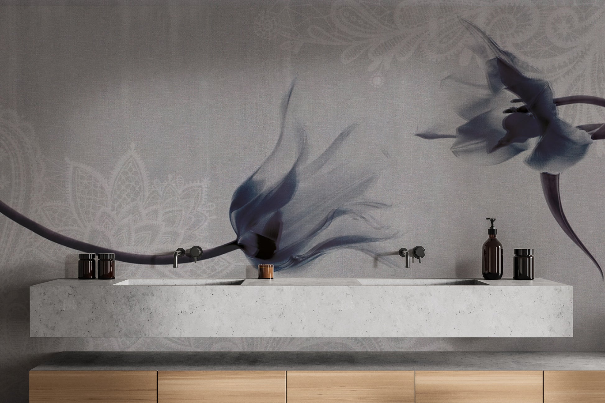 Textured floral mural in soft grey and dark flowers
