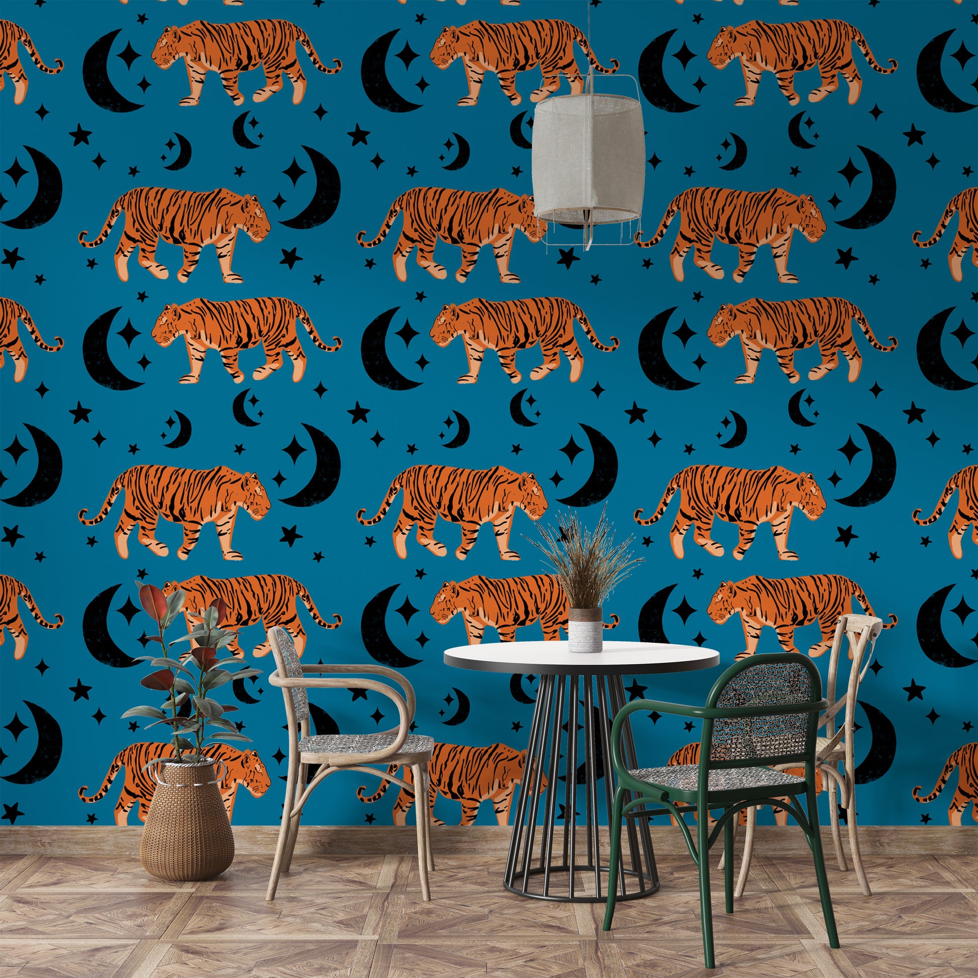 Magical Tiger Moon Blue Kids Room Wallpaper theme