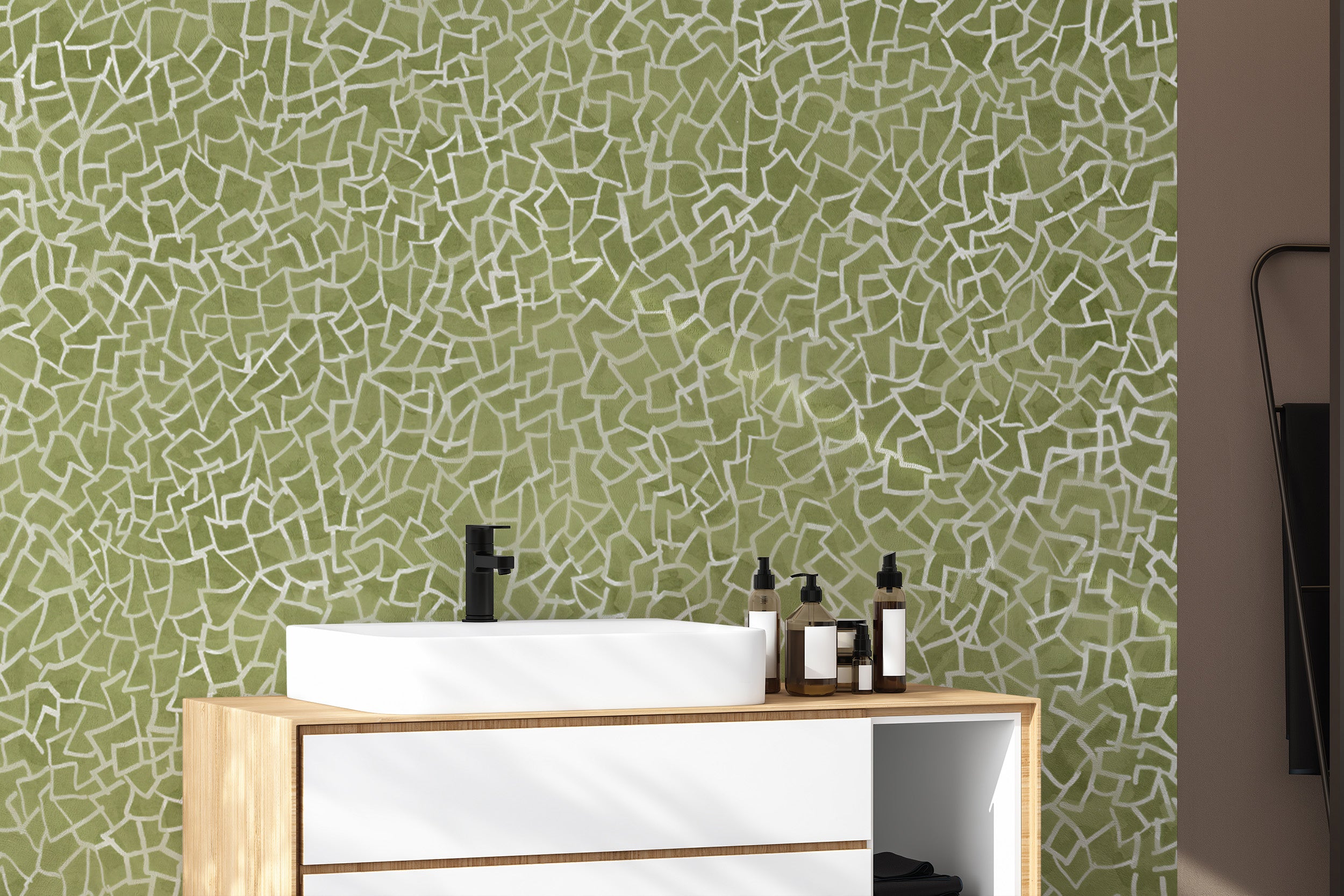 Green geometric mosaic wallpaper mural with abstract white lines.
