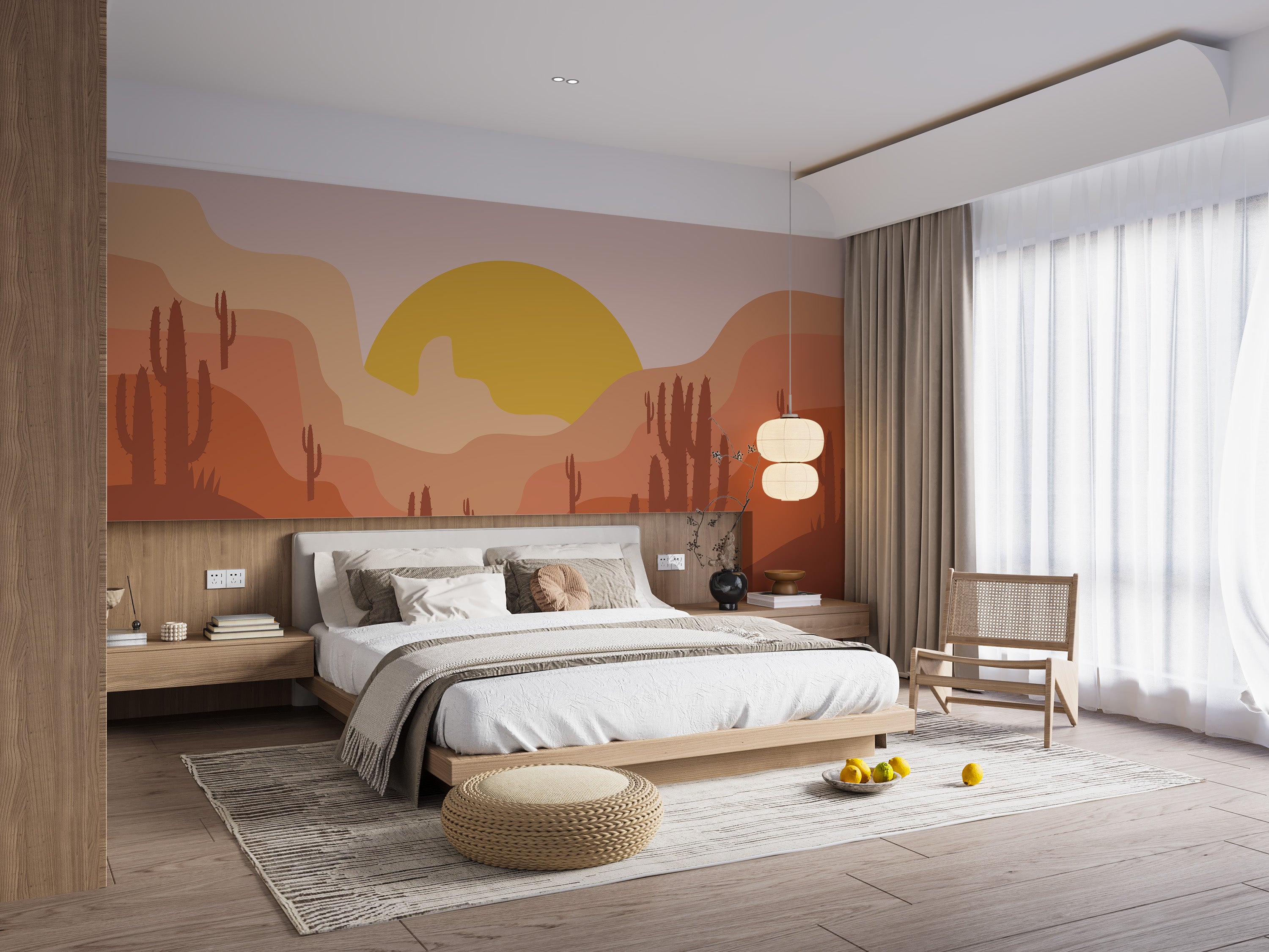 Desert-inspired wallpaper transforms cozy bedroom spaces