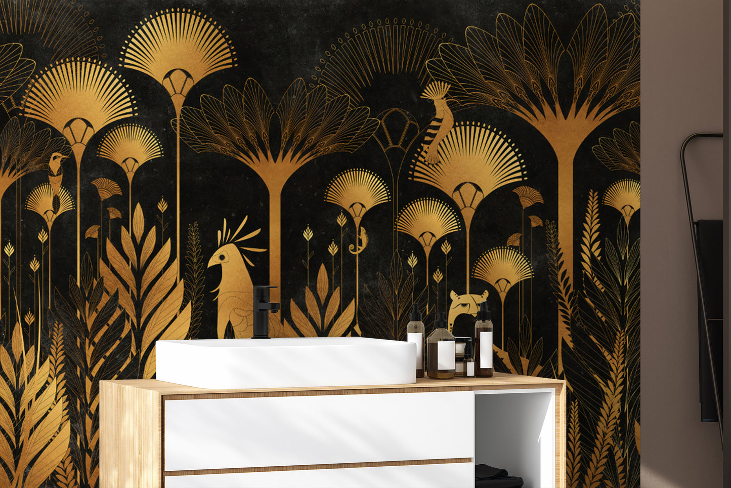 Luxurious Art Deco Jungle Wallpaper with Elegant Golden Details
