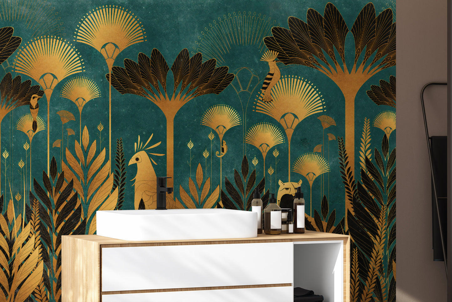 Golden botanical details on teal luxurious jungle wallpaper
