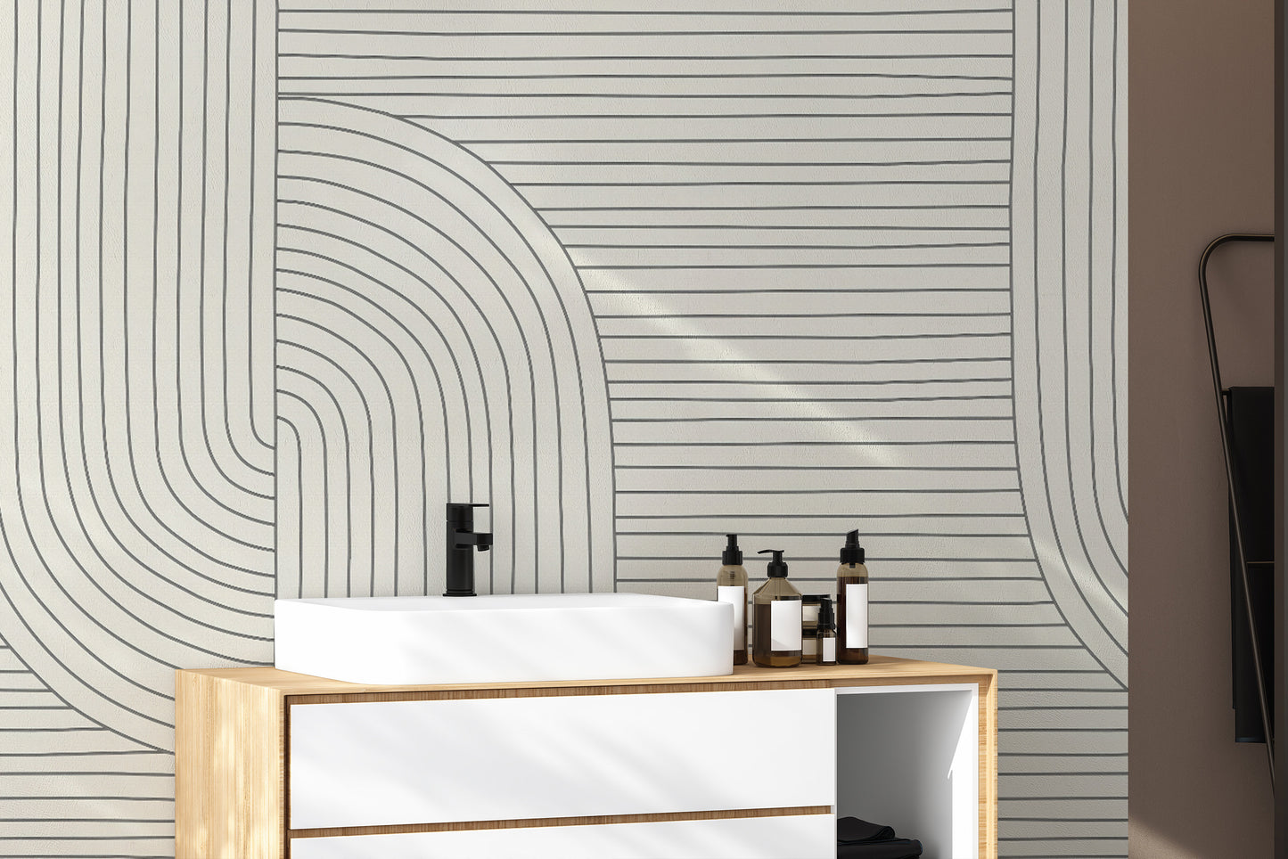 Sleek curved and straight line wallpaper for interiors
