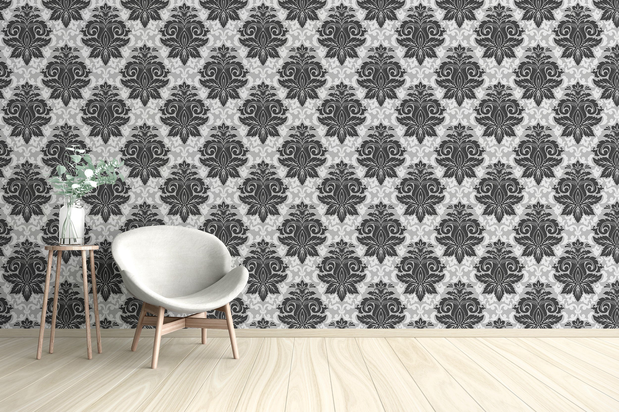 Classic black and white damask wall mural design
