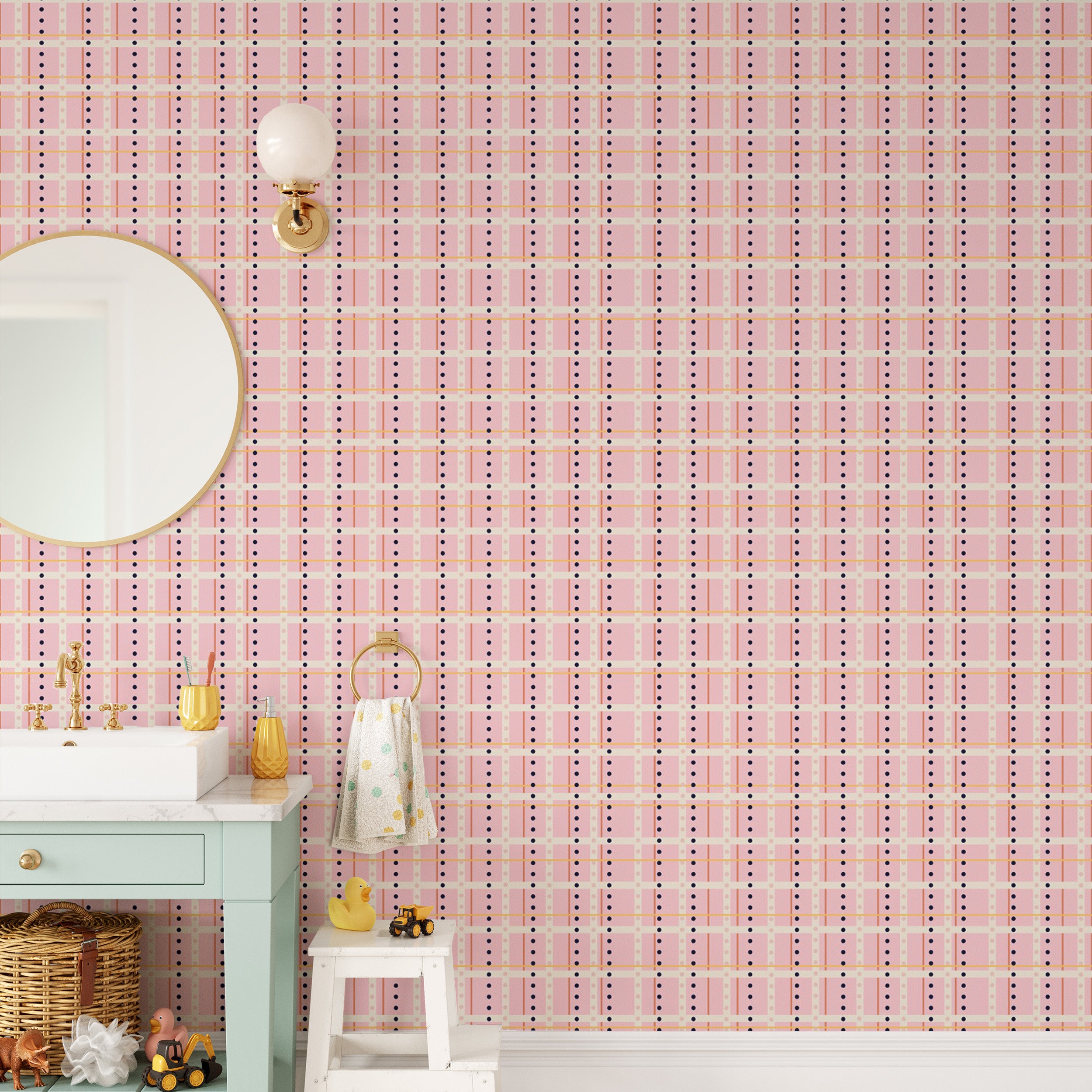 Trendy checks wallpaper in soft pink tones