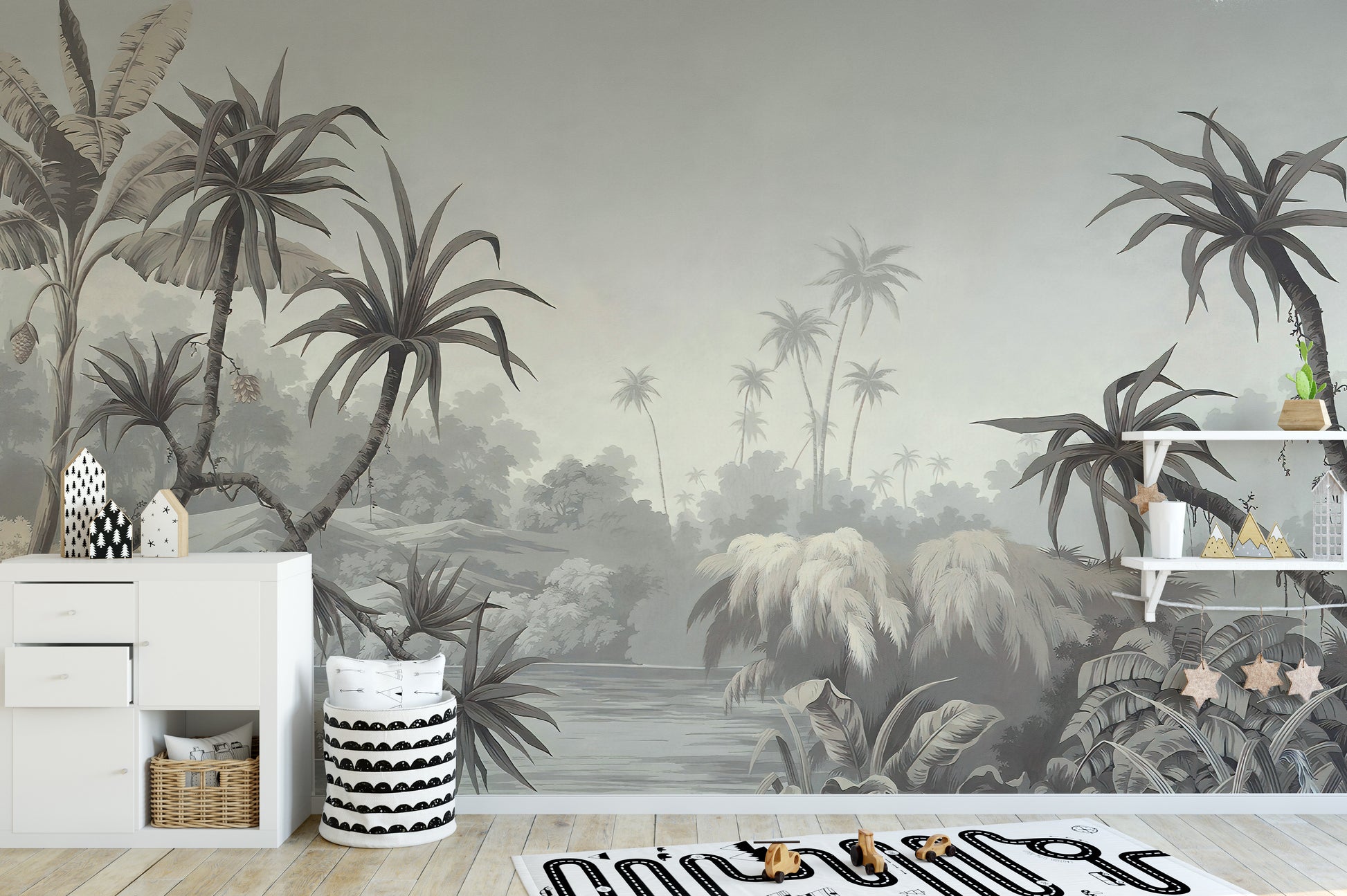 Subtle tropical countryside wallpaper design