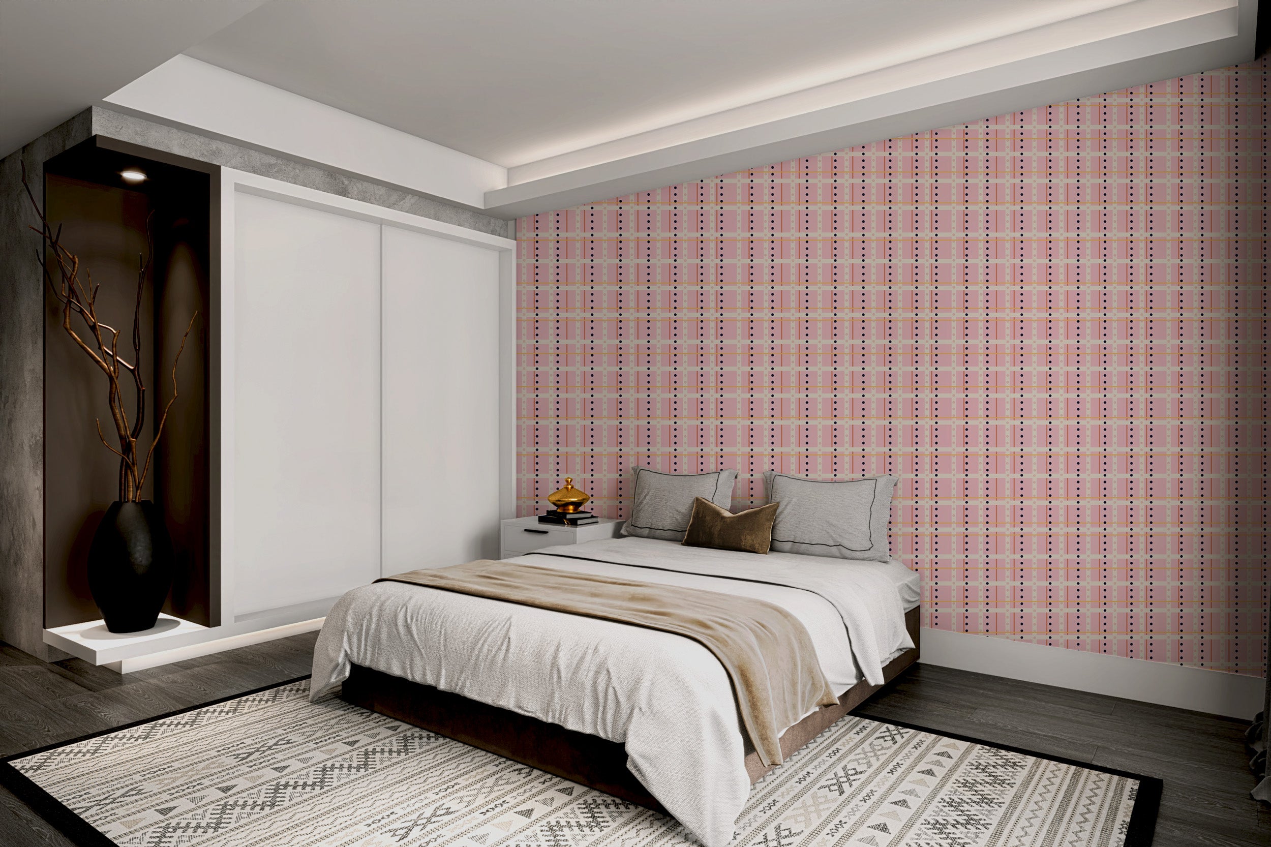 Sophisticated pink checks wallpaper for interiors