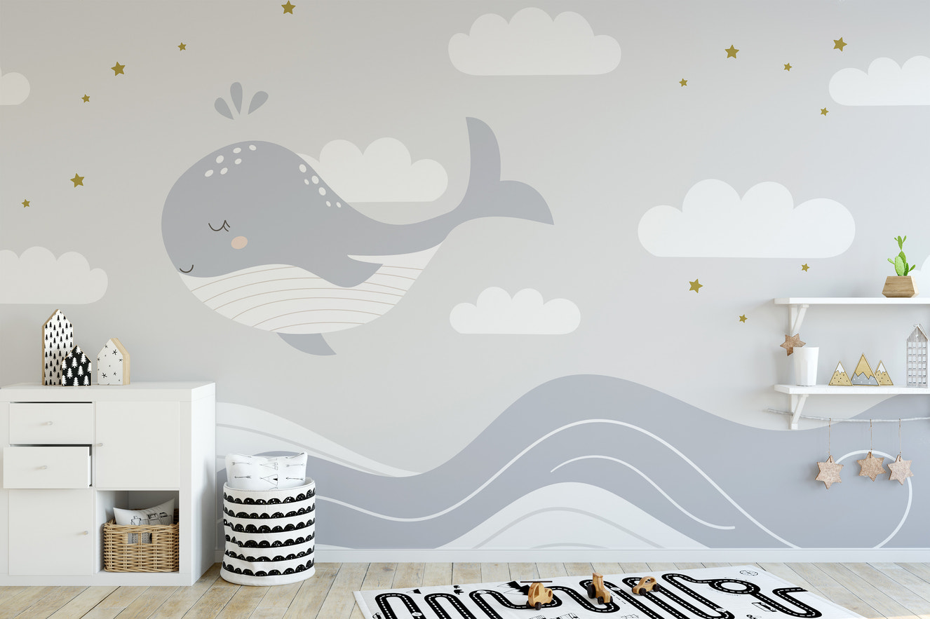 Smiling whale mural in soft ocean tones