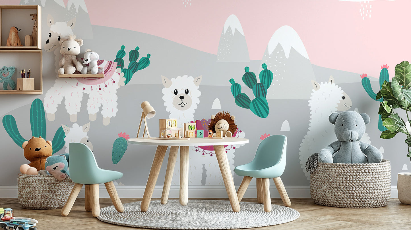 Whimsical llama mural for festive interiors