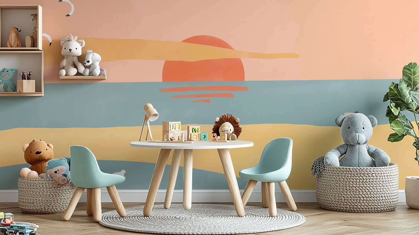 Playful Sandy Sunrise wallpaper mural for kids' room walls.