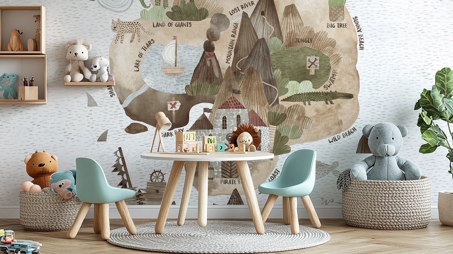 Playful Skull Island wallpaper mural for adventurous kids' rooms.