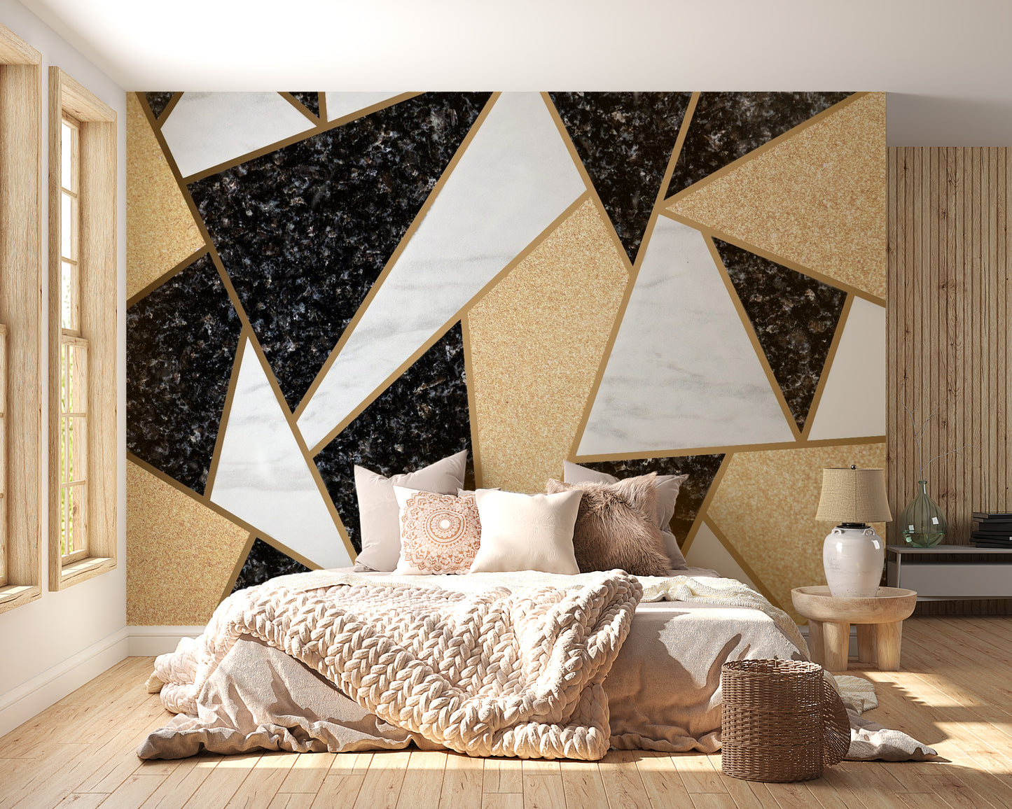 Luxurious mosaic marble wallpaper featuring geometric designs.
