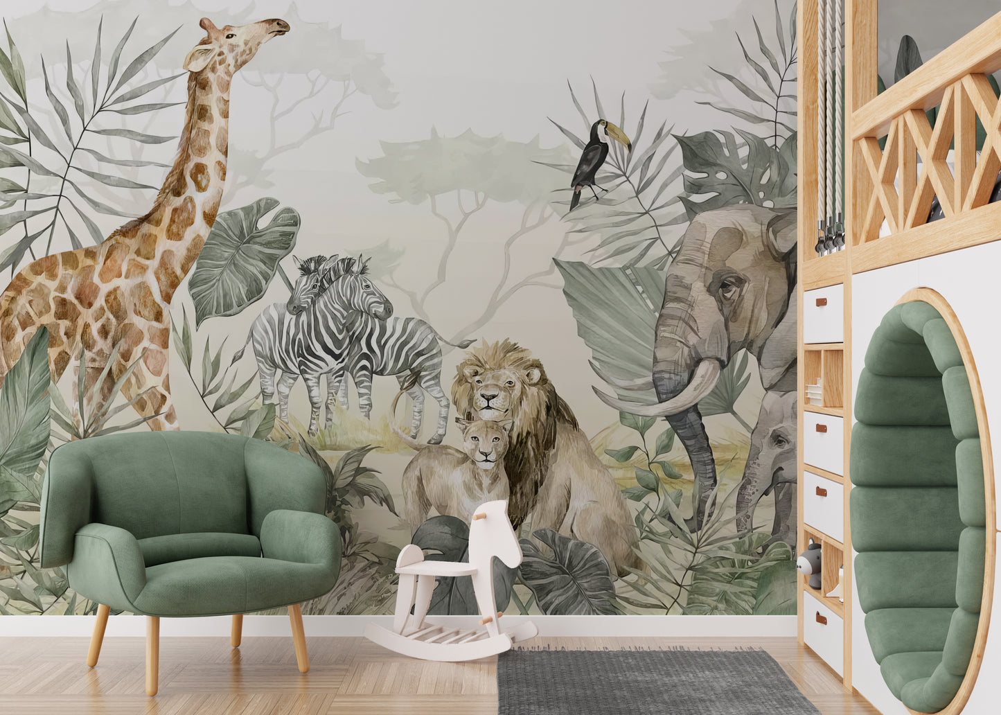 Lush jungle mural with safari animals for a wild interior vibe.
