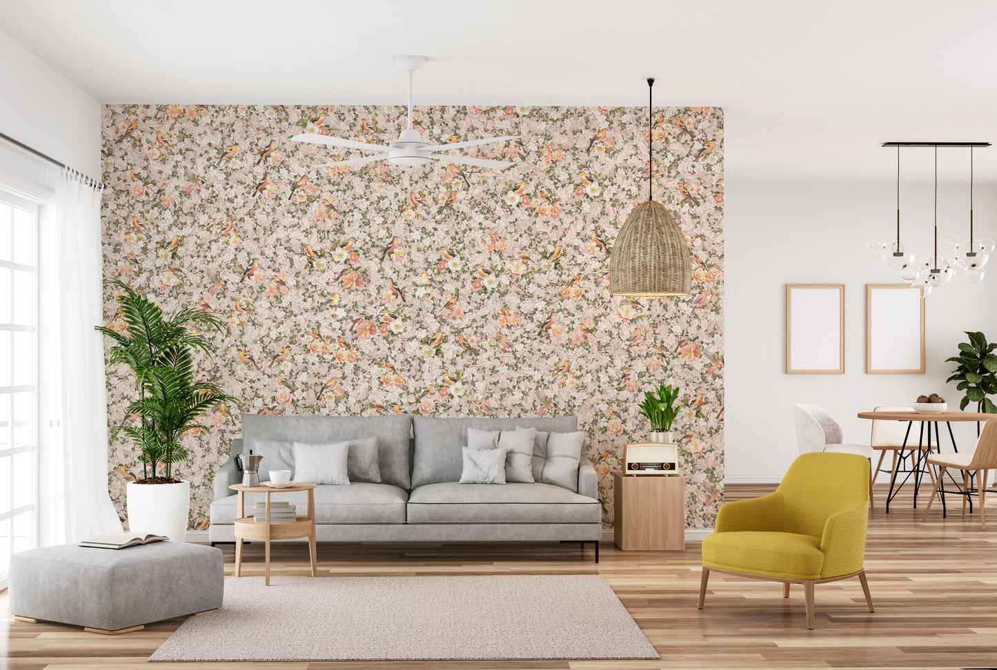 Birds and Florals Orange Color Wallpaper Mural