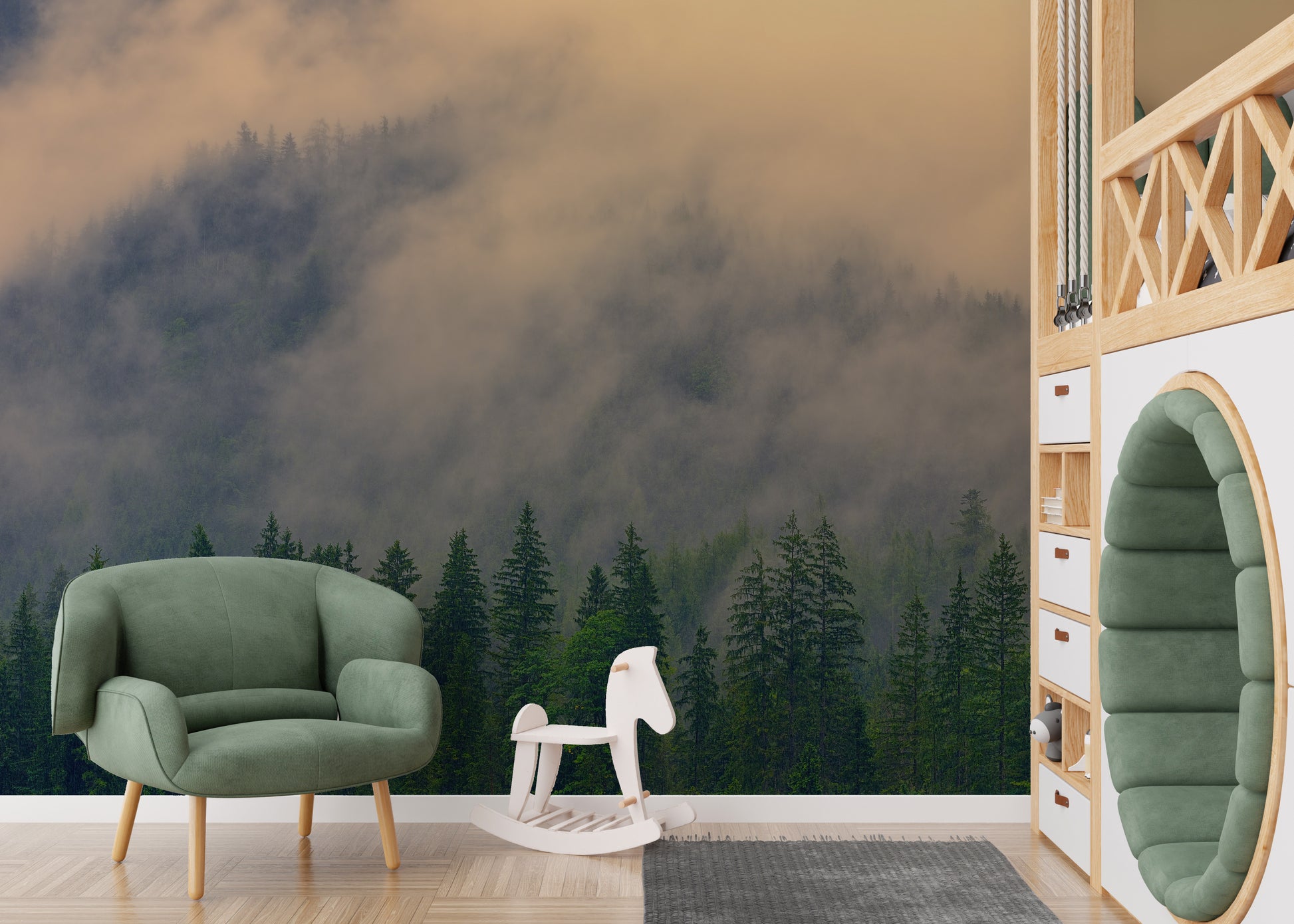 Foggy pine tree mural creating a peaceful forest ambiance.
