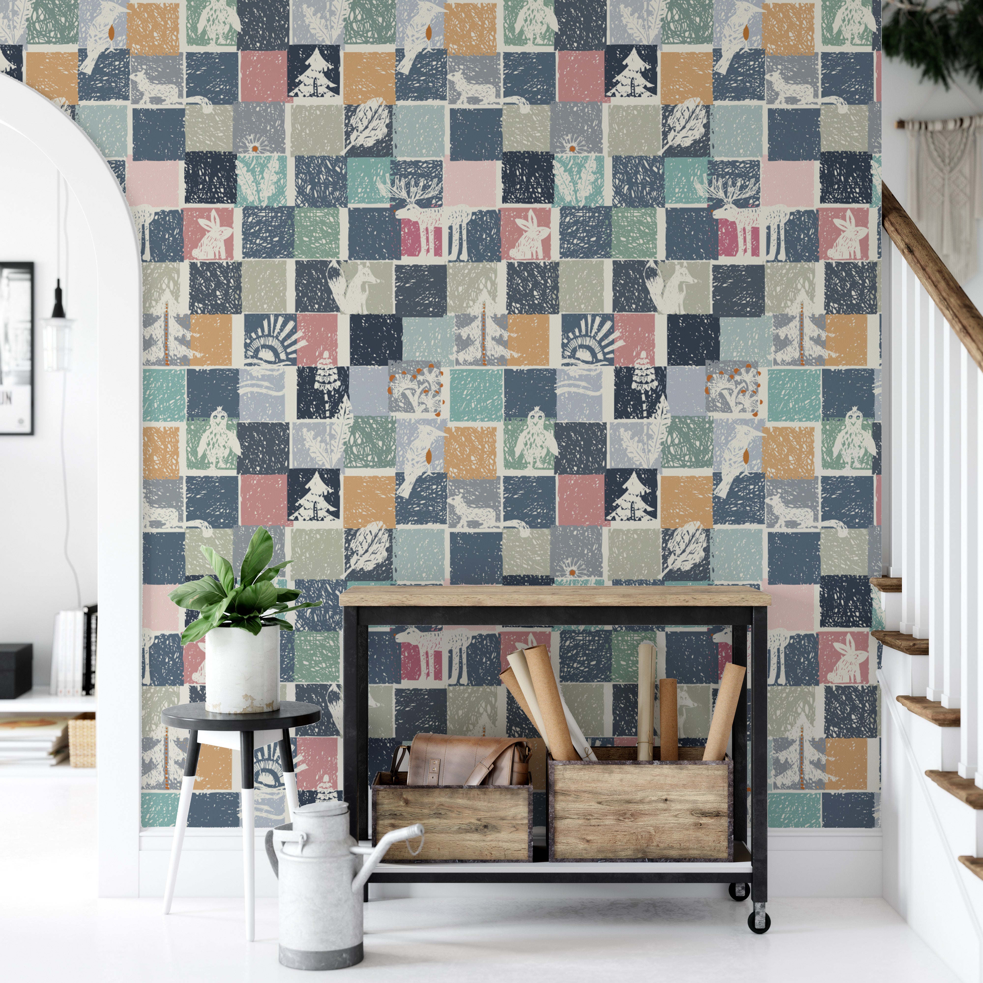 Stylish Forest Animals Mosaic Wallpaper Design
