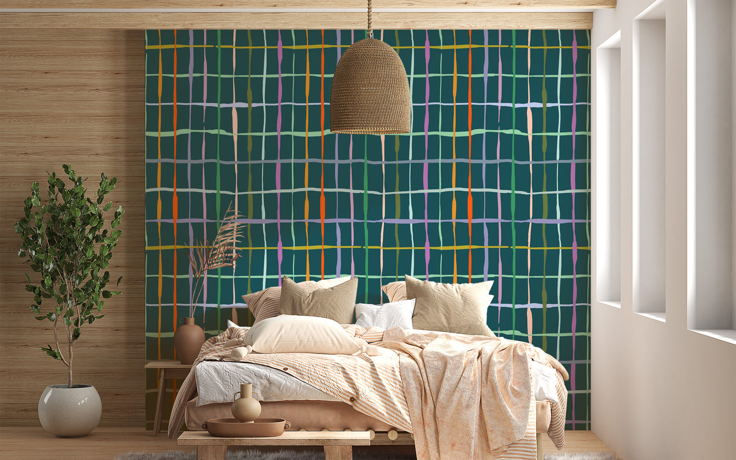 Handdrawn lines wallpaper in deep dark green shades
