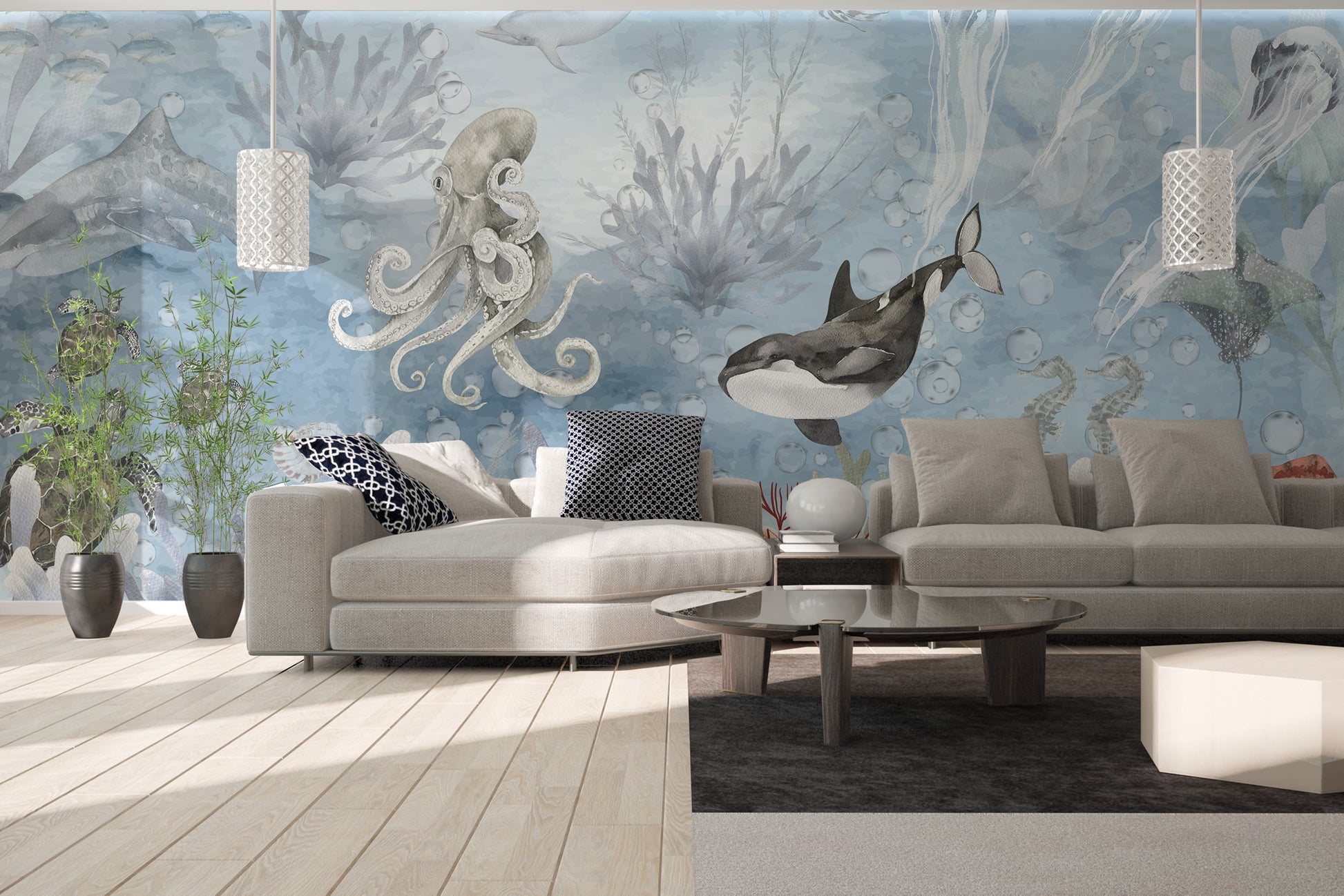 Marine symphony wallpaper mural featuring deep sea wonders.
