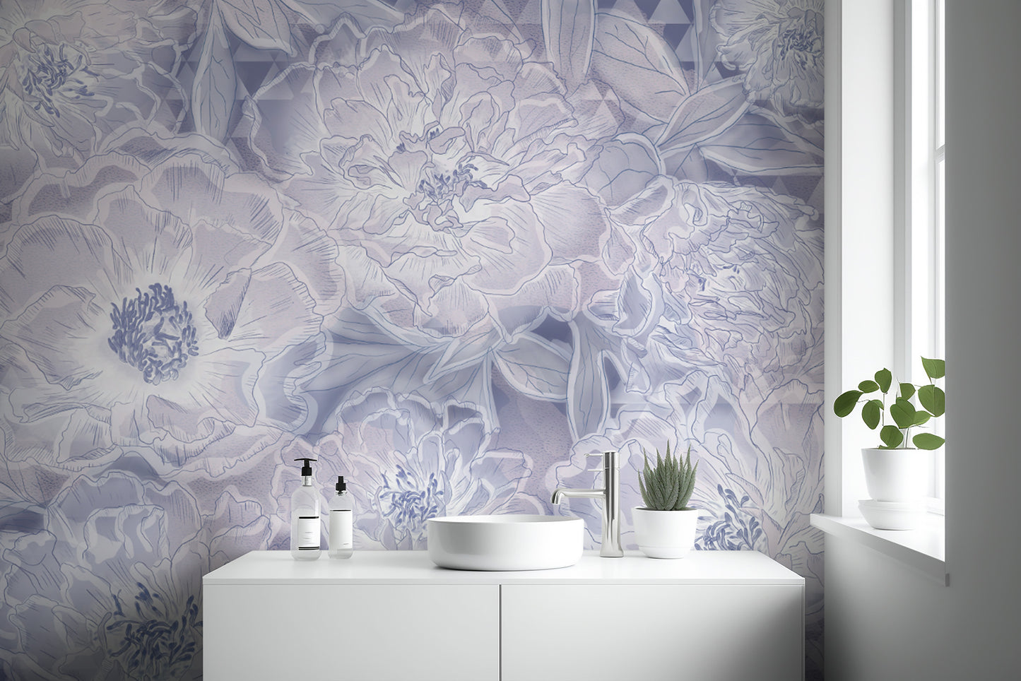 Soft lavender wallpaper with floral and geometric accents
