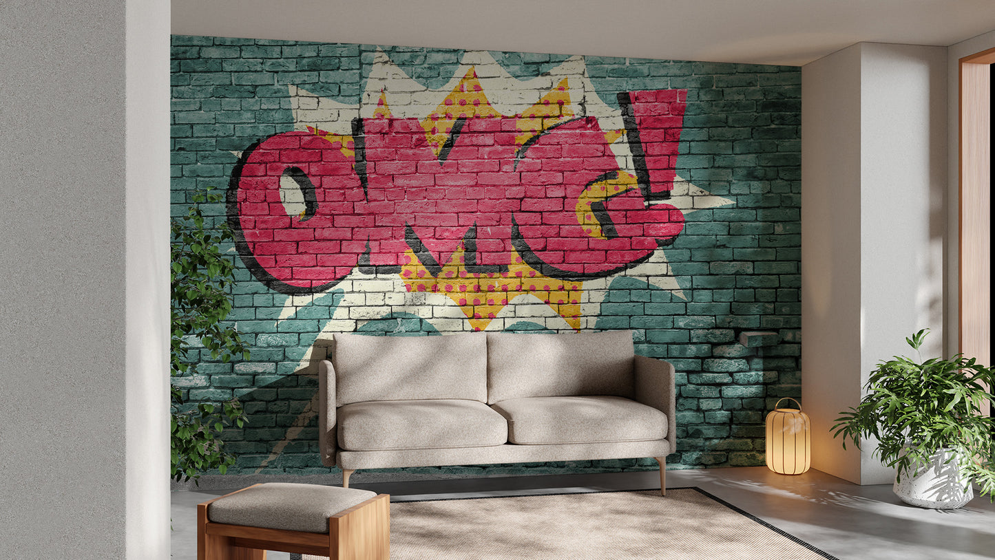 Bold Pop Art OMG graffiti wallpaper mural for modern walls.