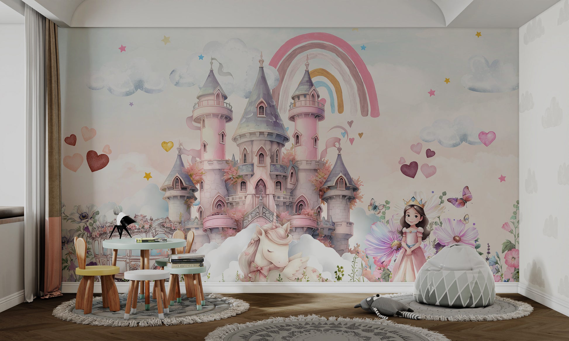 Fairyland-themed wallpaper featuring a magical castle and unicorn