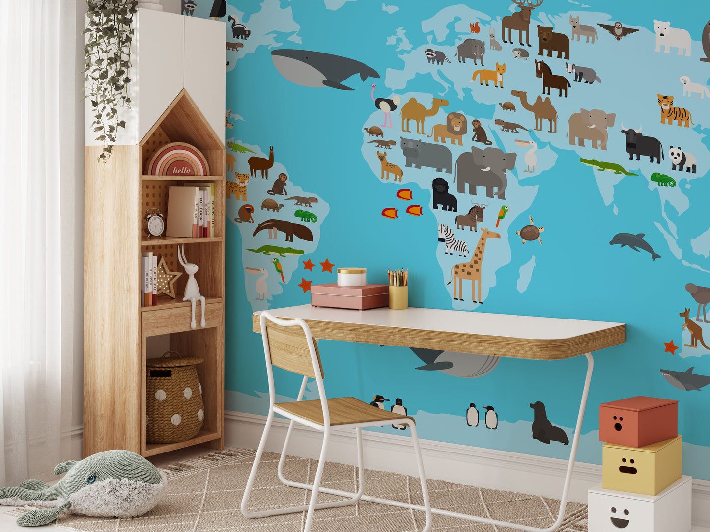 Educational animals map wallpaper mural for kids' rooms.
