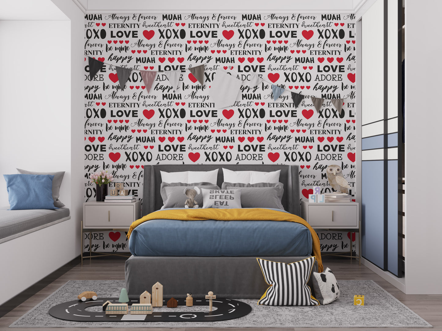 Love-themed mural with red accents
