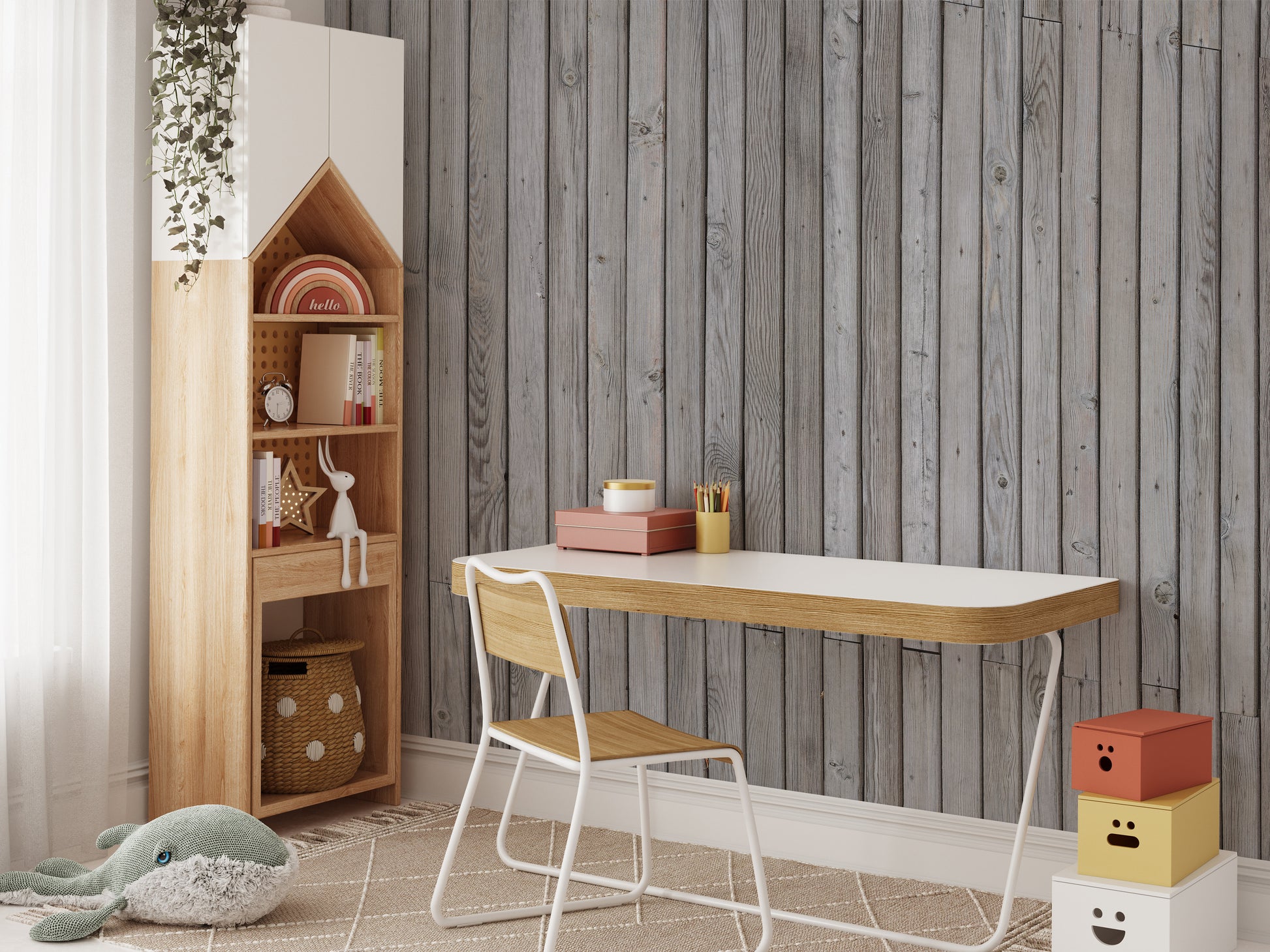 Grey wood-striped wallpaper mural for rustic industrial spaces.
