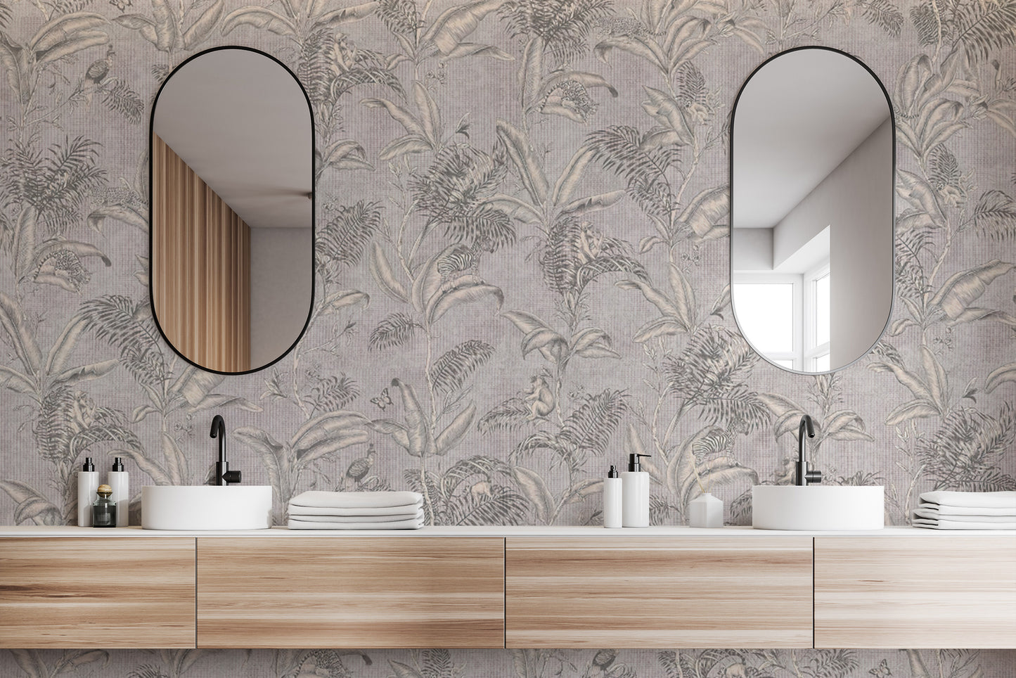 Gray Tropical Foliage Wallpaper with Subtle Leaf Detailing
