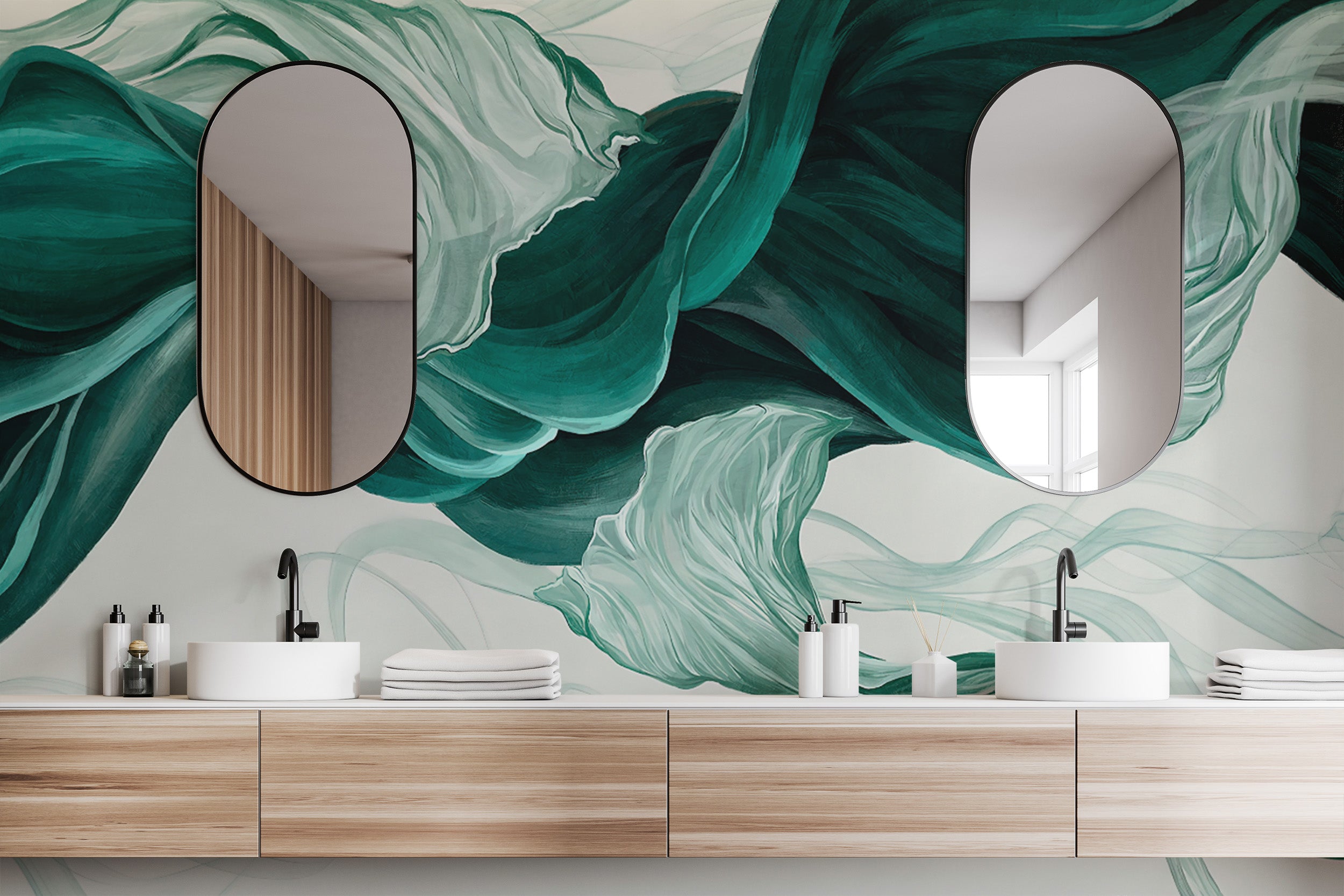 Fluid abstract fabric design in flowing teal and white wall mural
