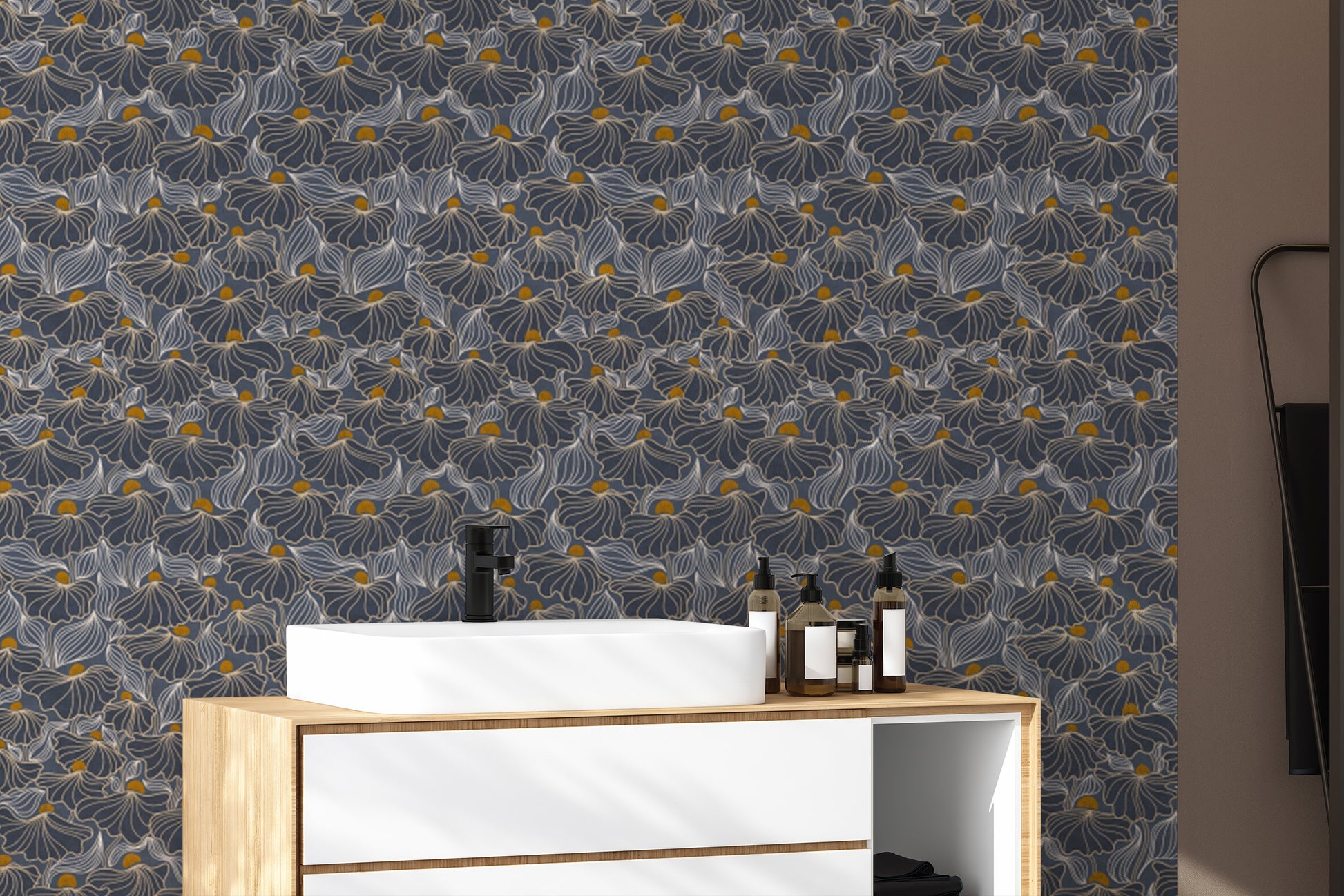 Removable wallpaper with flowing meadow night design