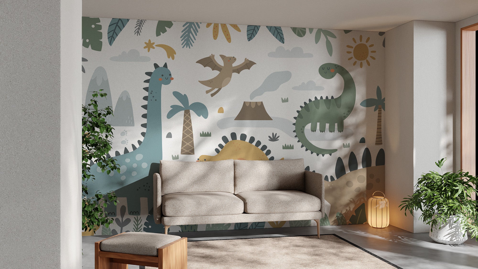 Trendy dinosaur design mural wallpaper for modern kids' decor.