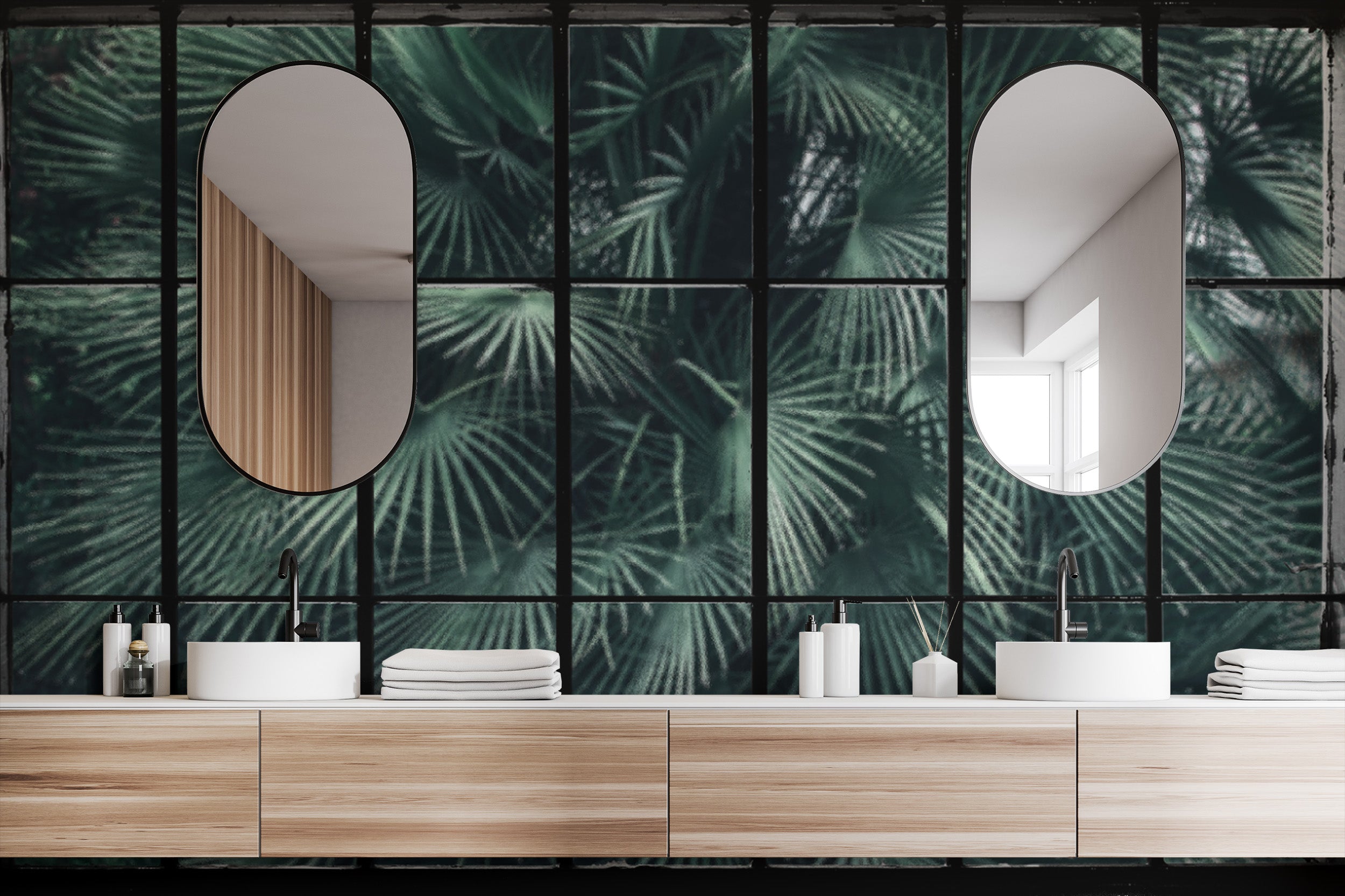 Palm leaf window effect mural for modern interiors
