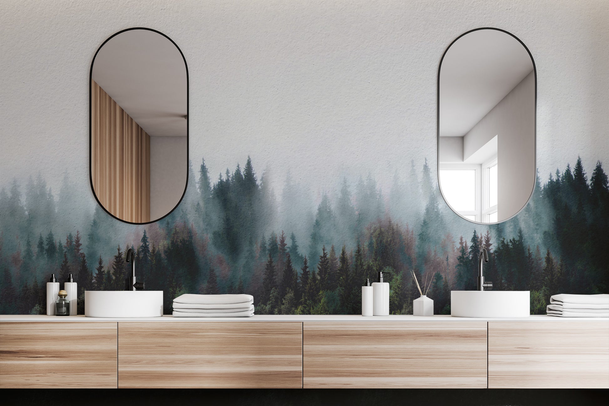 Peaceful misty tree mural for modern interiors




