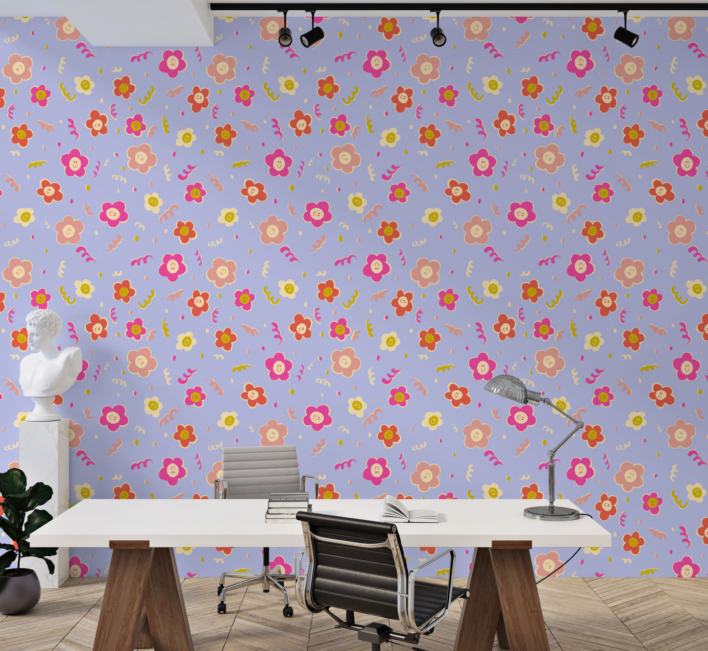 Stylish smiley blooms wallpaper for bright and cheerful walls.
