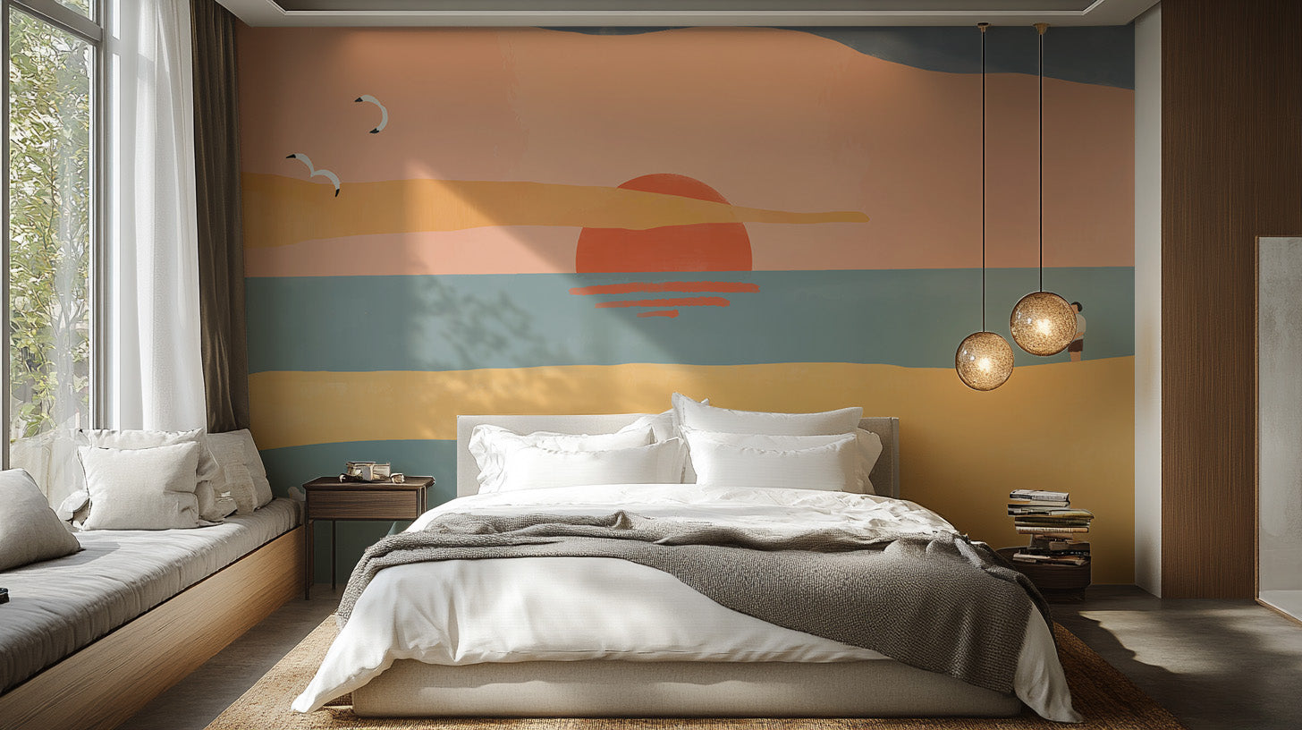 Elegant Sandy Sunrise mural wallpaper for stylish bedroom interiors.