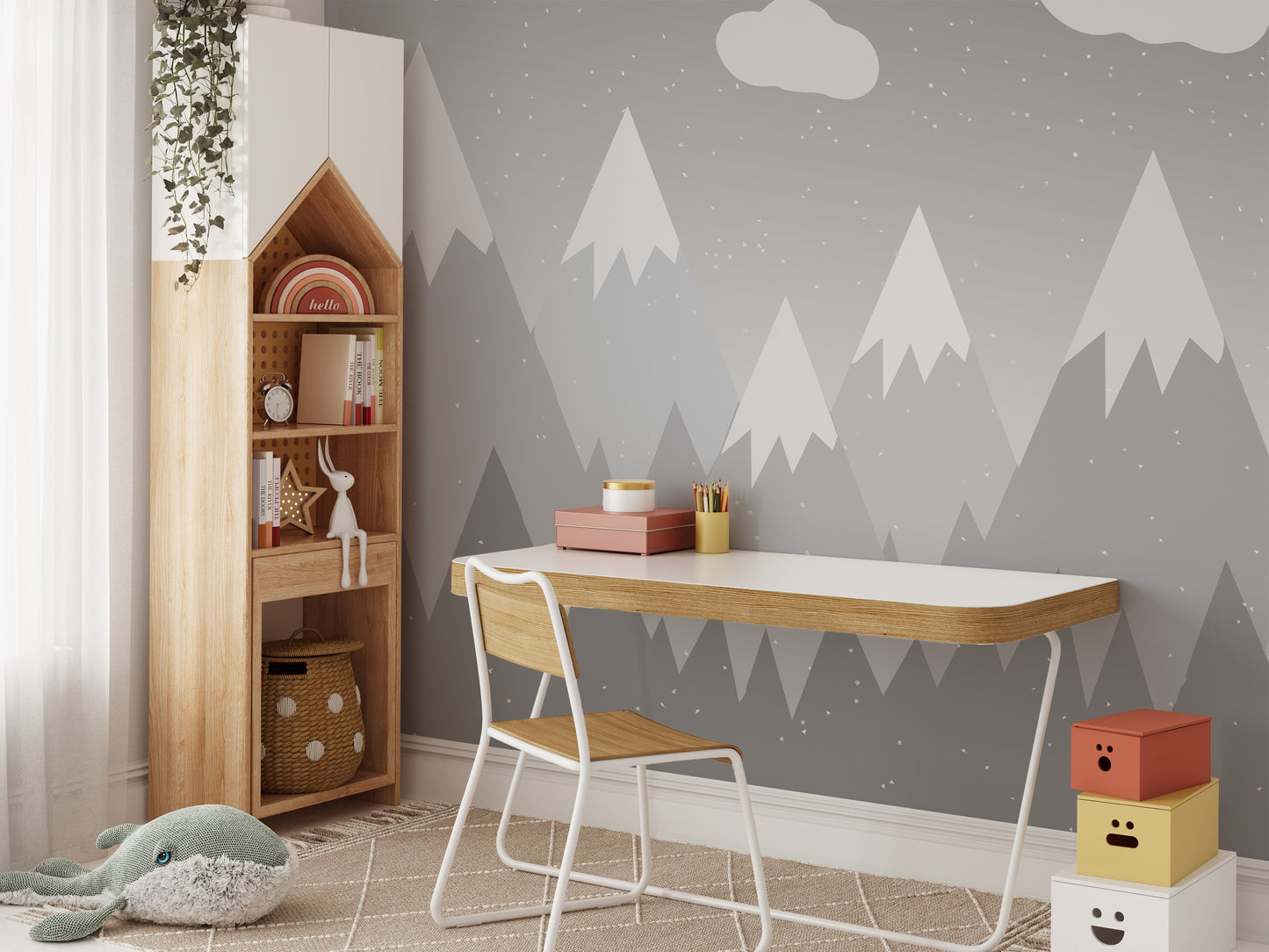 Whimsical grey mountain wallpaper for children's walls.
