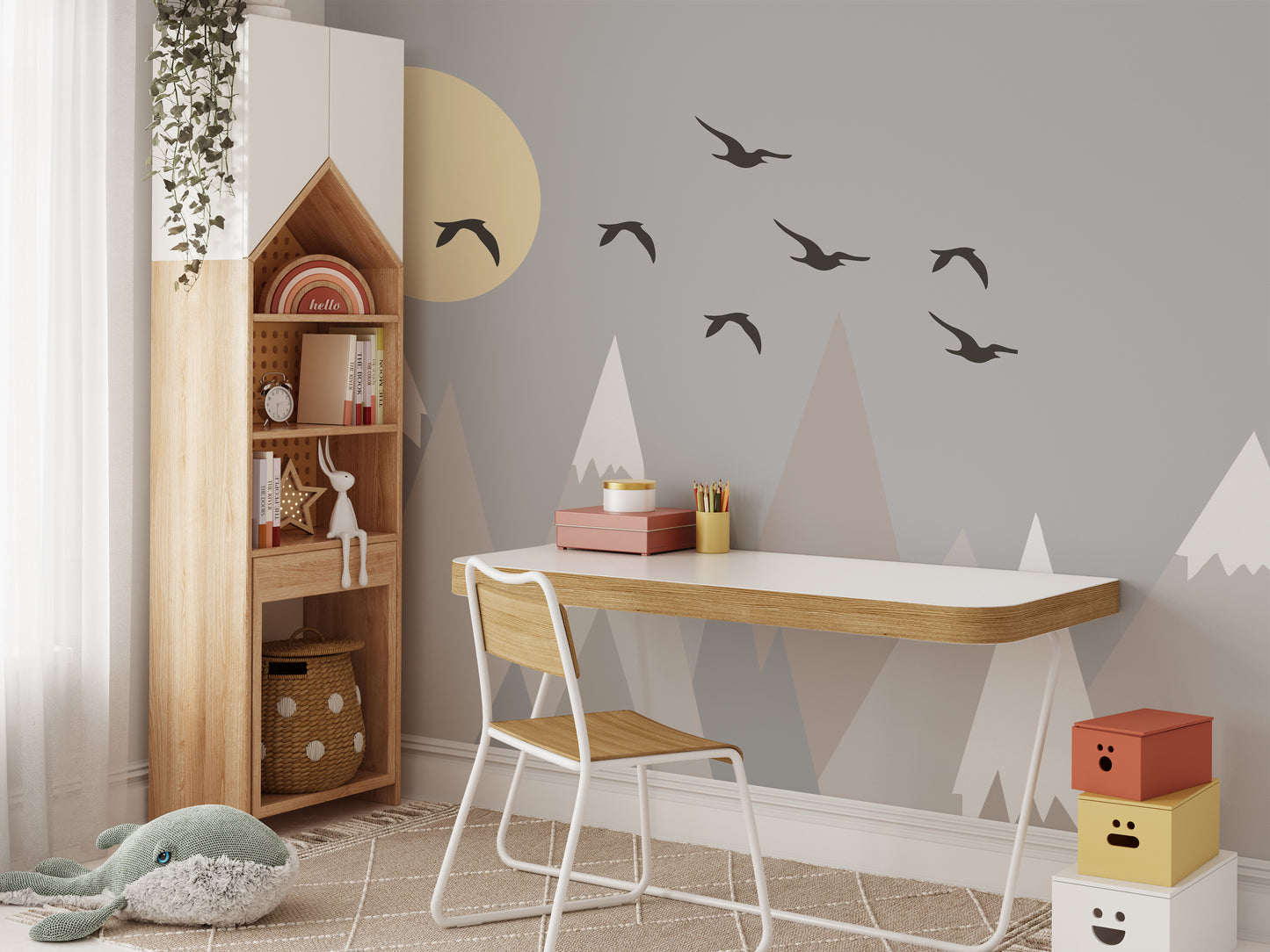 Grey mountains wallpaper mural creating a peaceful ambiance.
