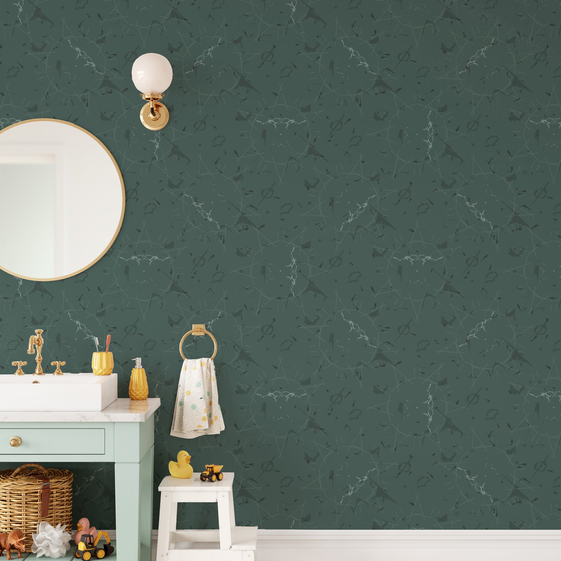 Luxurious dark green wallpaper with patterns.