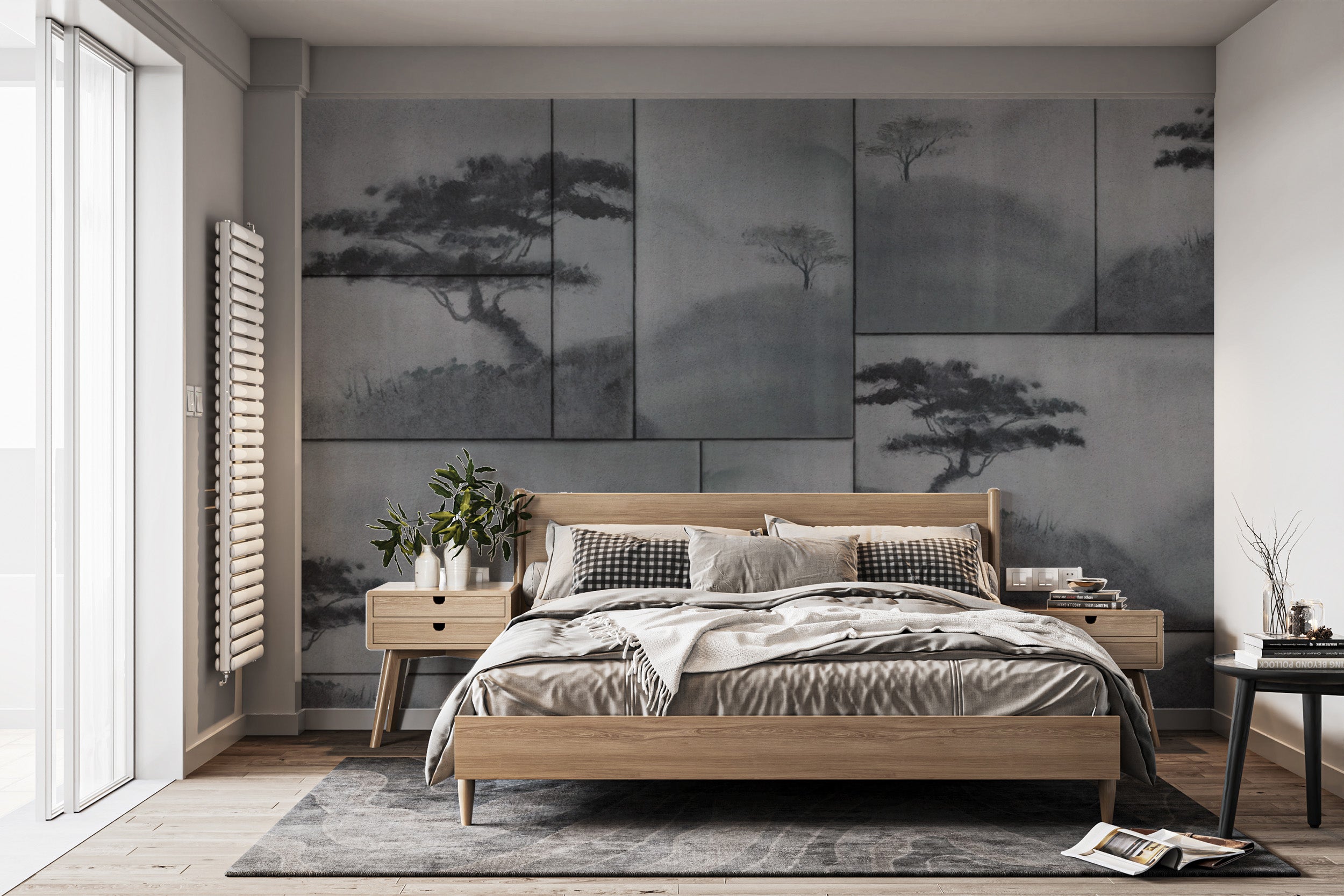 Oriental landscape art mural in soft monochrome tones
