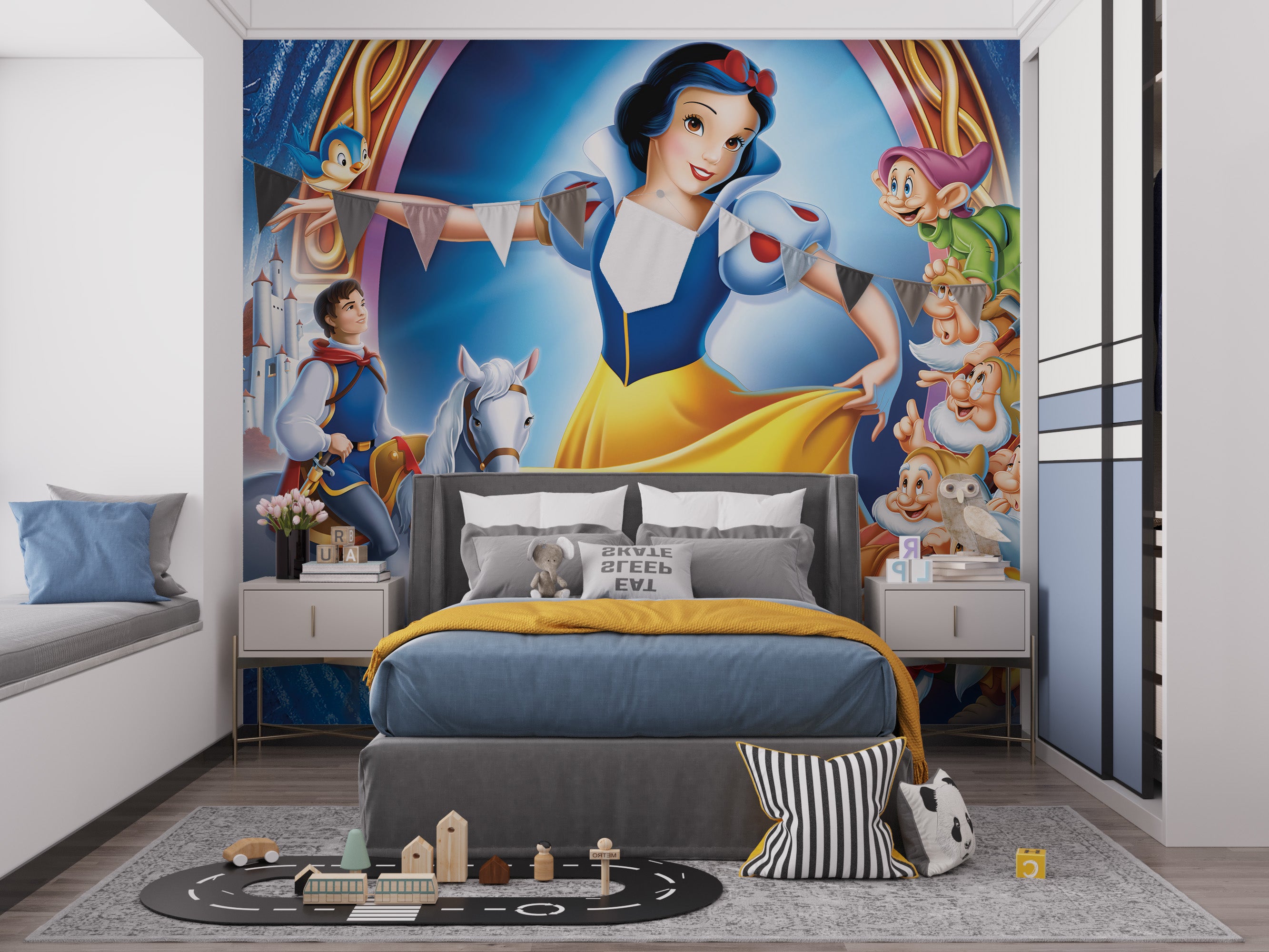 Snow White wall mural with vibrant storybook illustrations
