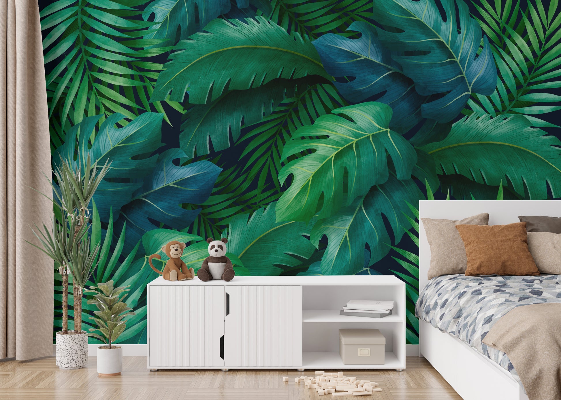 Lush tropical leaves mural bringing nature indoors stylishly.
