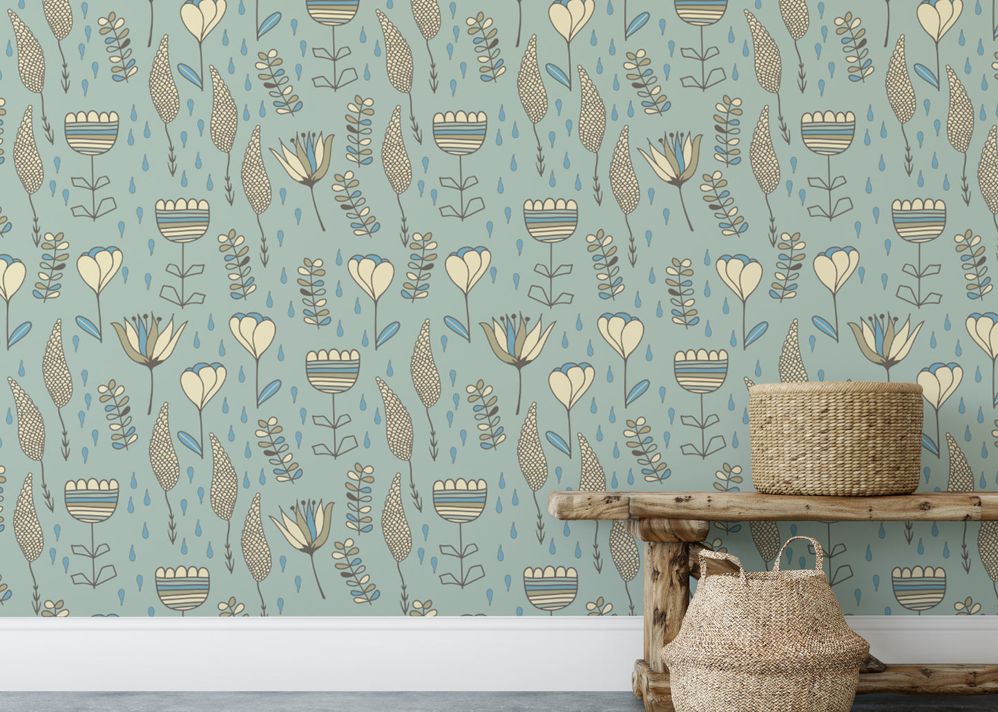 Artistic naive blooms wallpaper with simple floral motifs.
