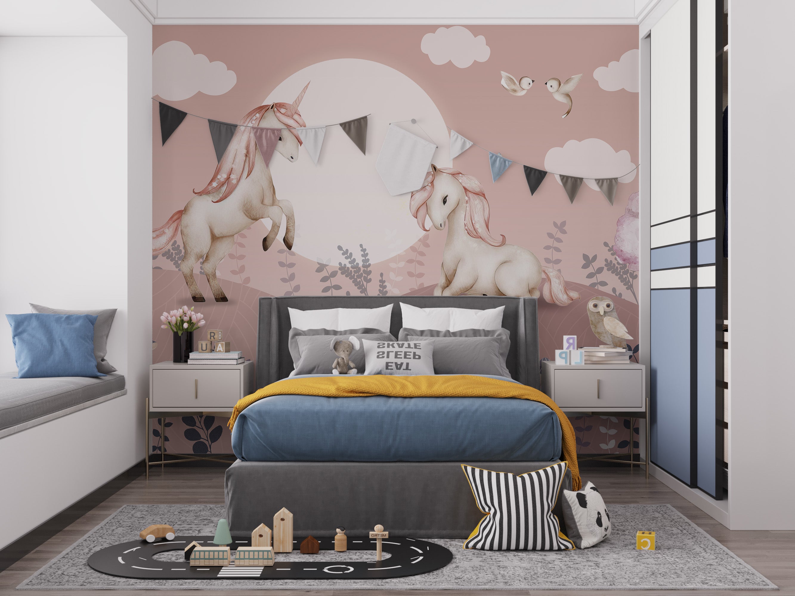 Girls' room mural showcasing a graceful pink Pegasus
