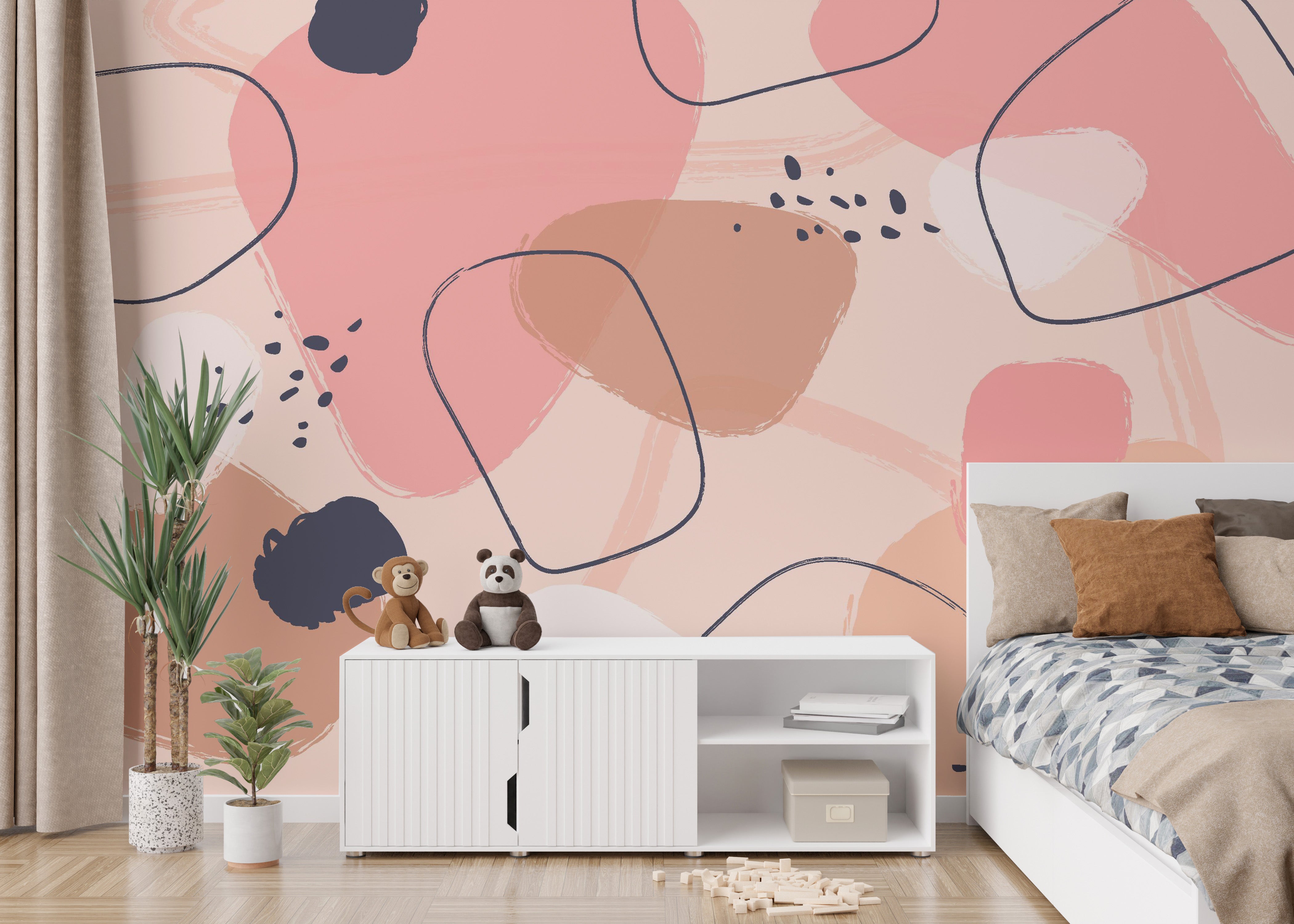 Playful pastel abstract art mural for chic and creative interiors.
