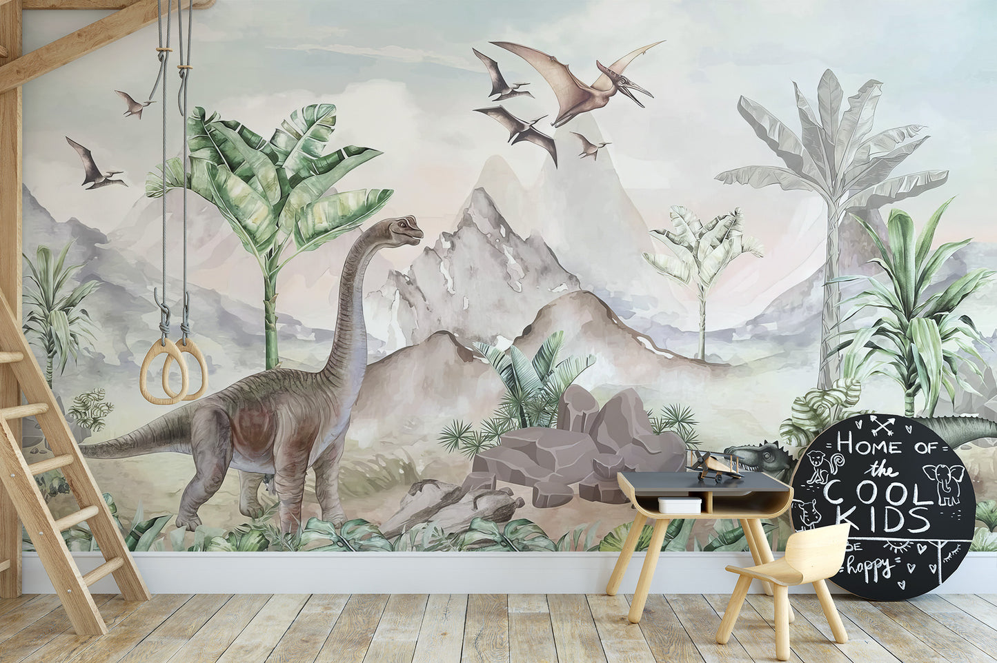 Relaxing dinosaur mural for modern kids’ decor.