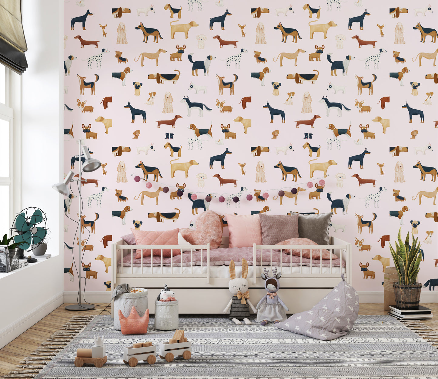 Adorable canine print wallpaper in pink
